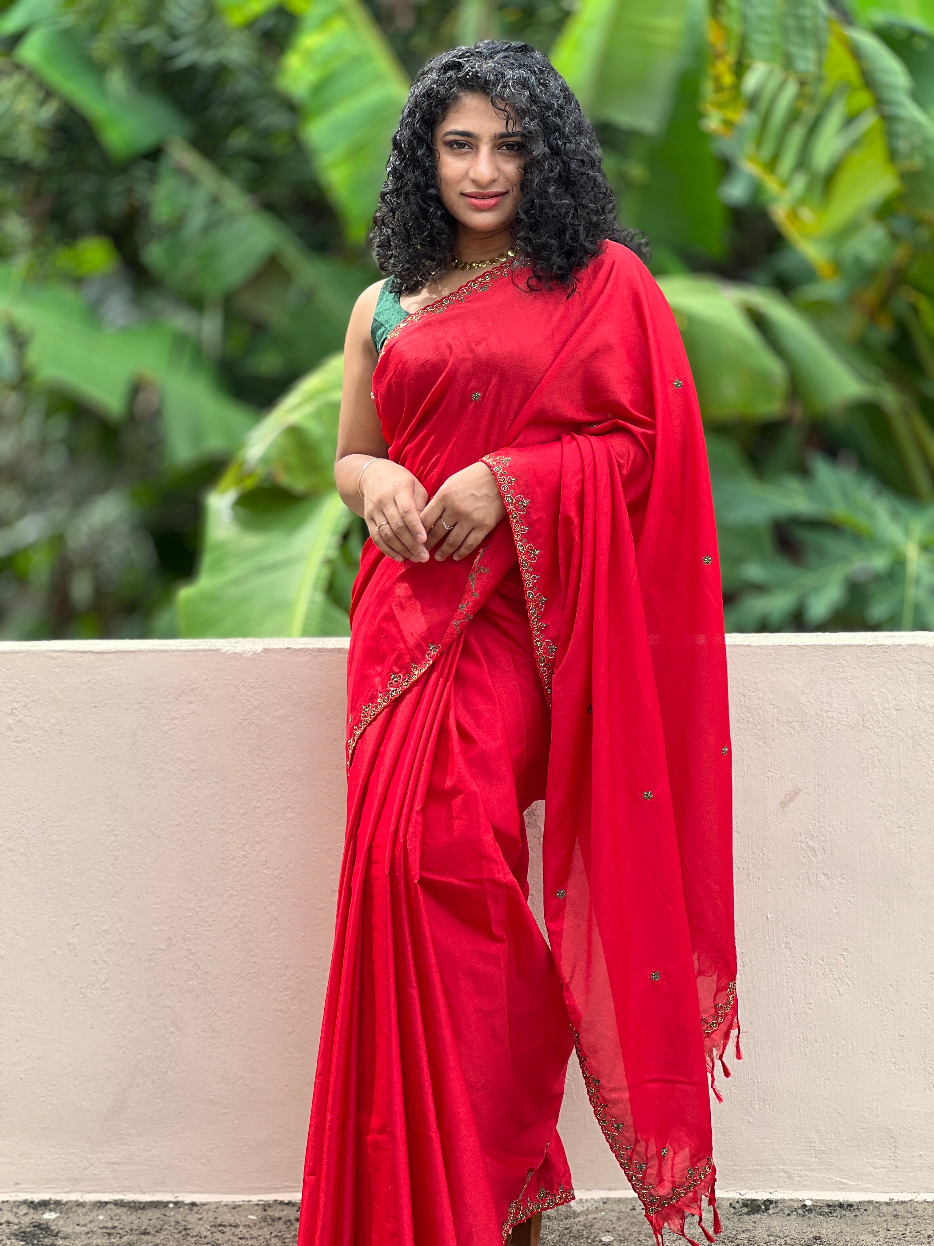 Cut Beads Work Border Embroidery Design Semi Silk Saree | AH726
