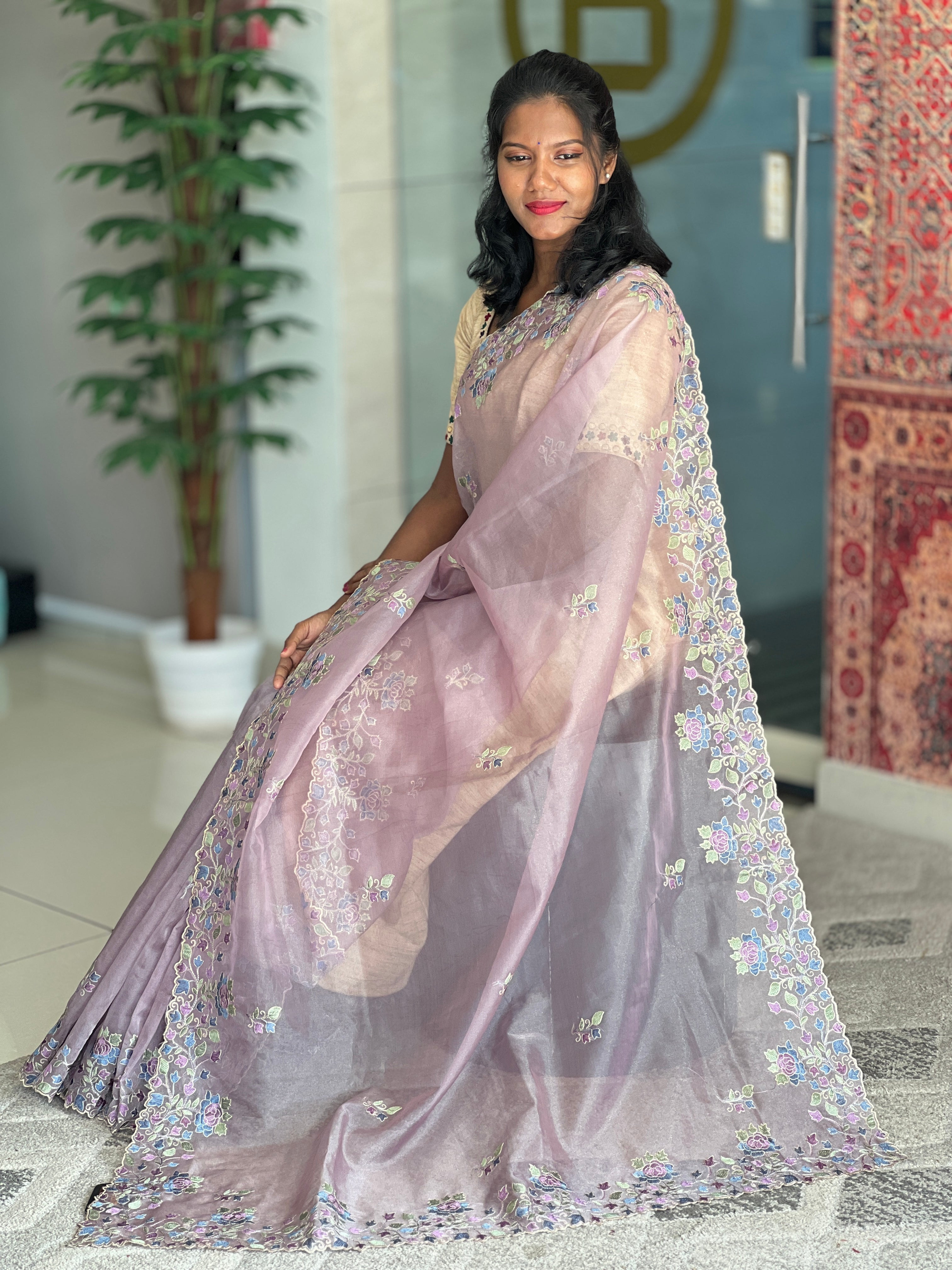 Scattered Floral Embroidered Shimmer Organza Saree | SBP557