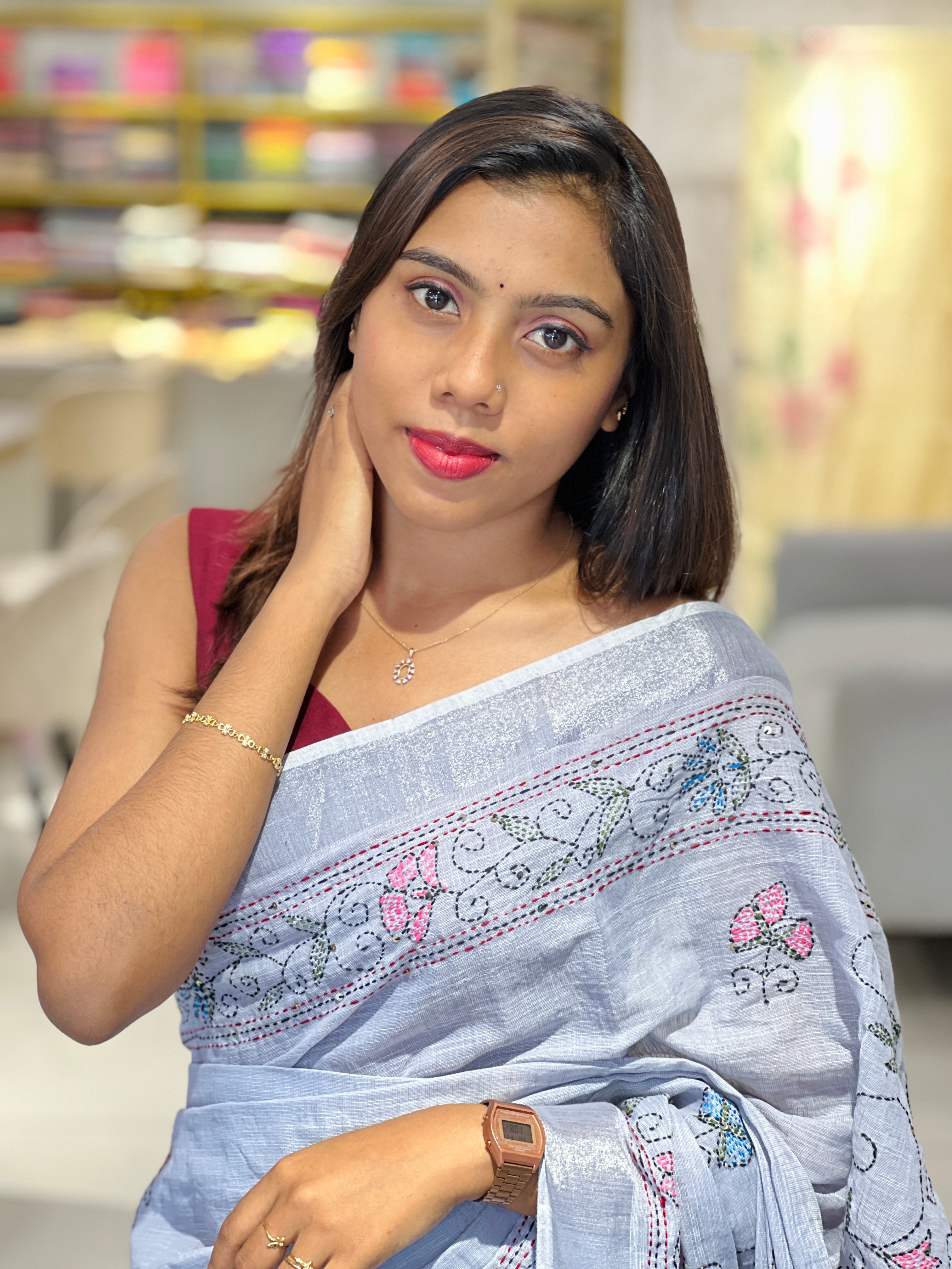 Hand Kantha Detailed Linen Saree | RP748