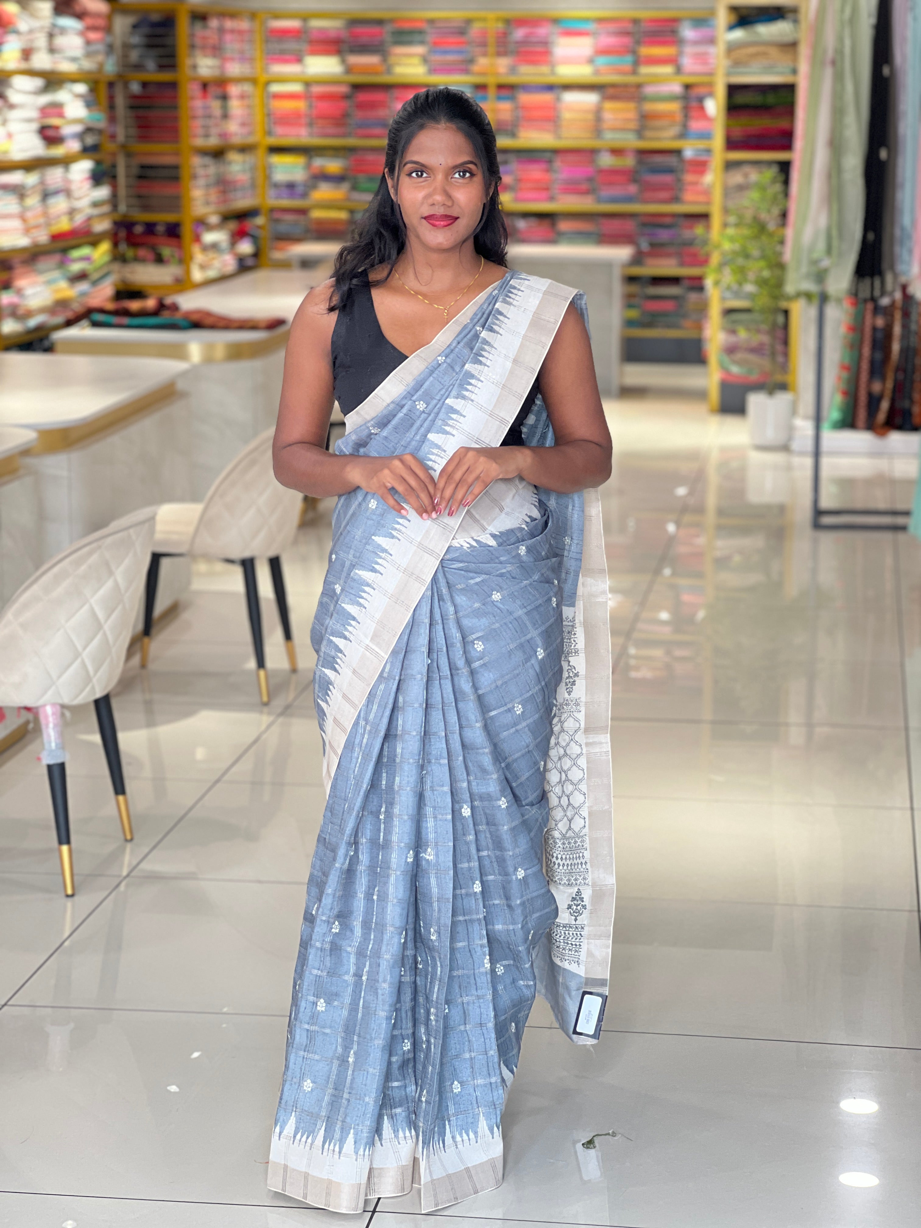 Temple Border Detailed Tussar Finish Saree | SSN386