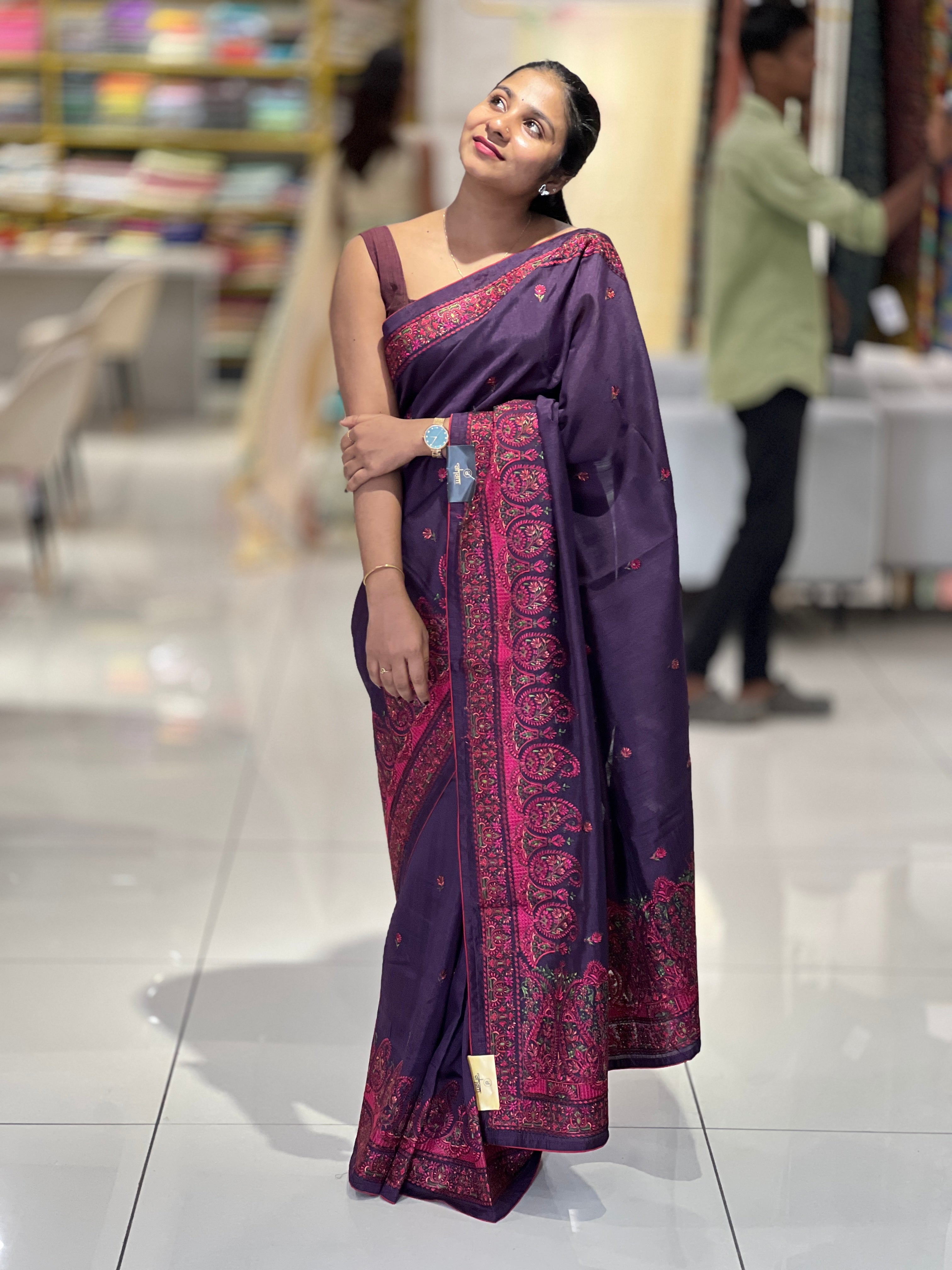 Machine Embroidery Detailed Tussar Saree | SUN415