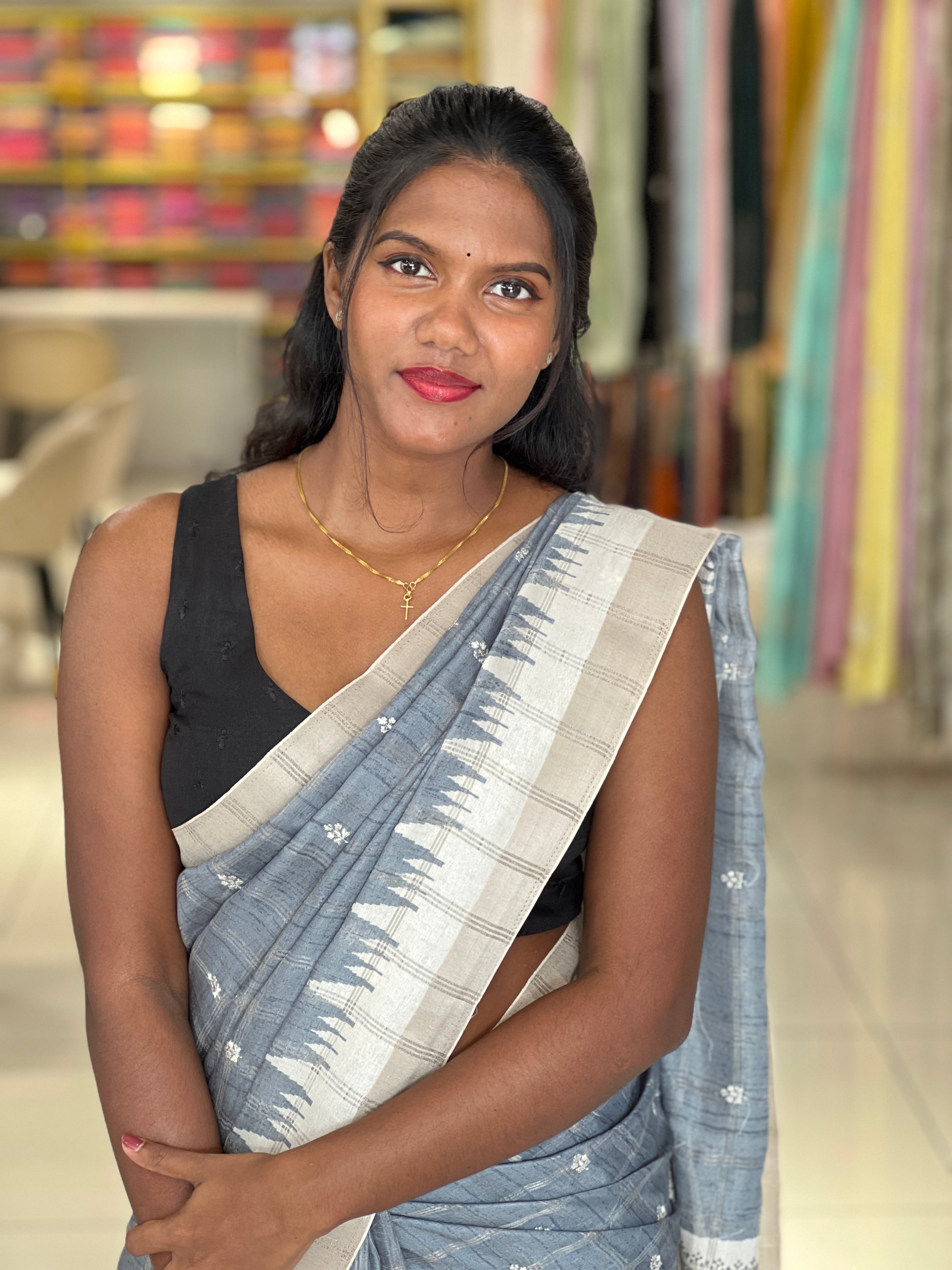 Temple Border Detailed Tussar Finish Saree | SSN386