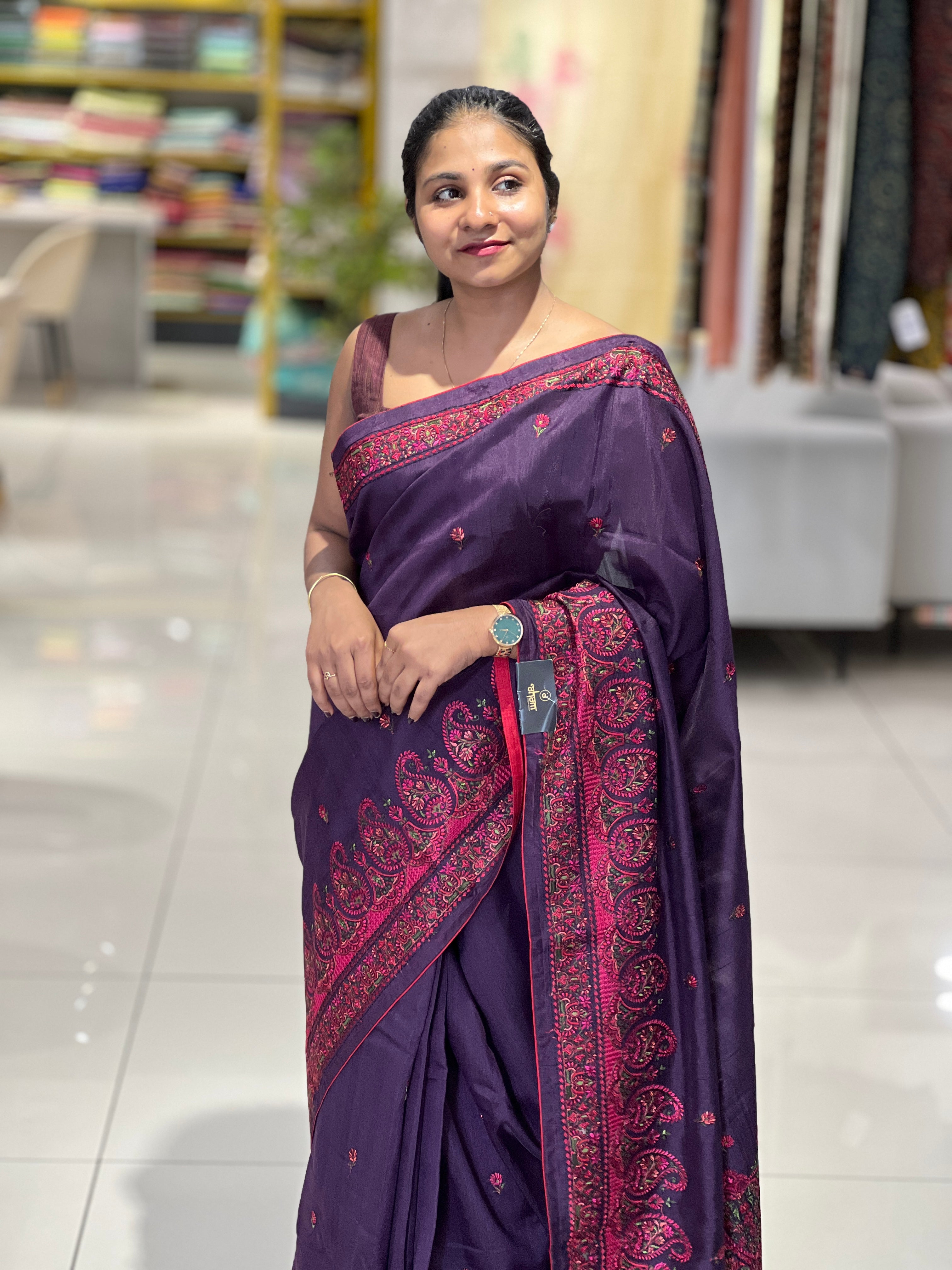 Machine Embroidery Detailed Tussar Saree | SUN415