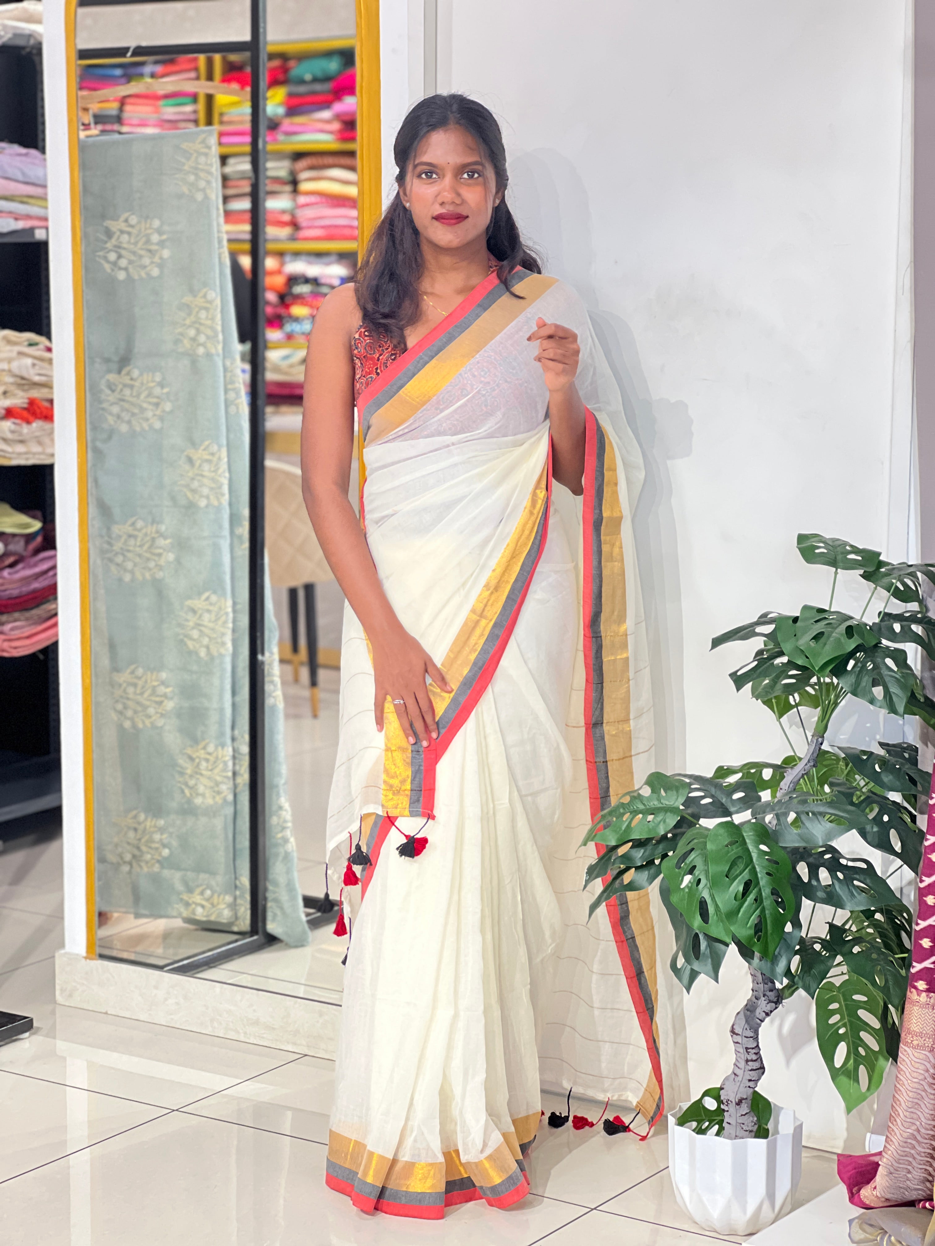 Multi Color Stripe Border Pattern Mul Cotton Saree | SA176