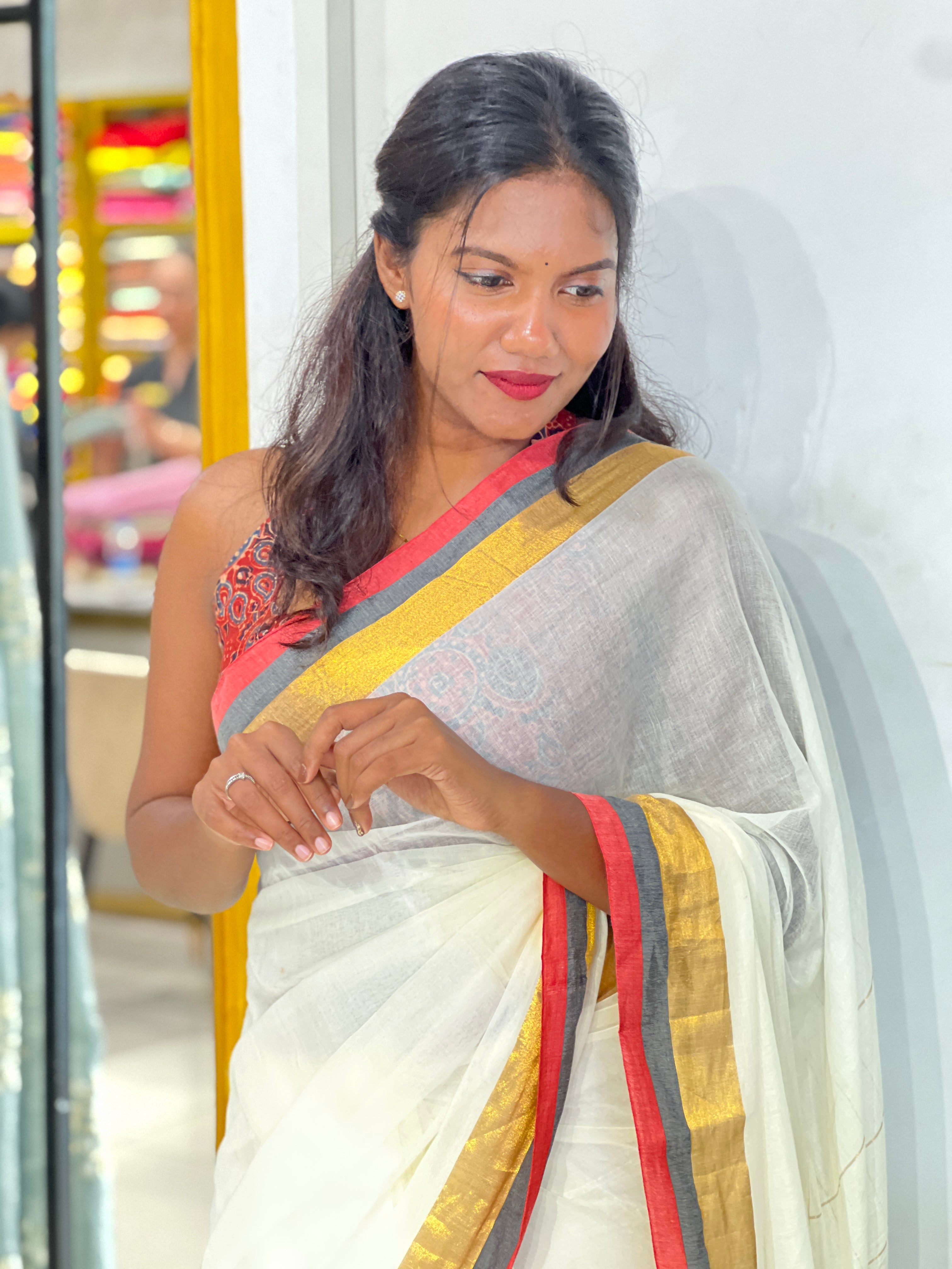 Multi Color Stripe Border Pattern Mul Cotton Saree | SA176