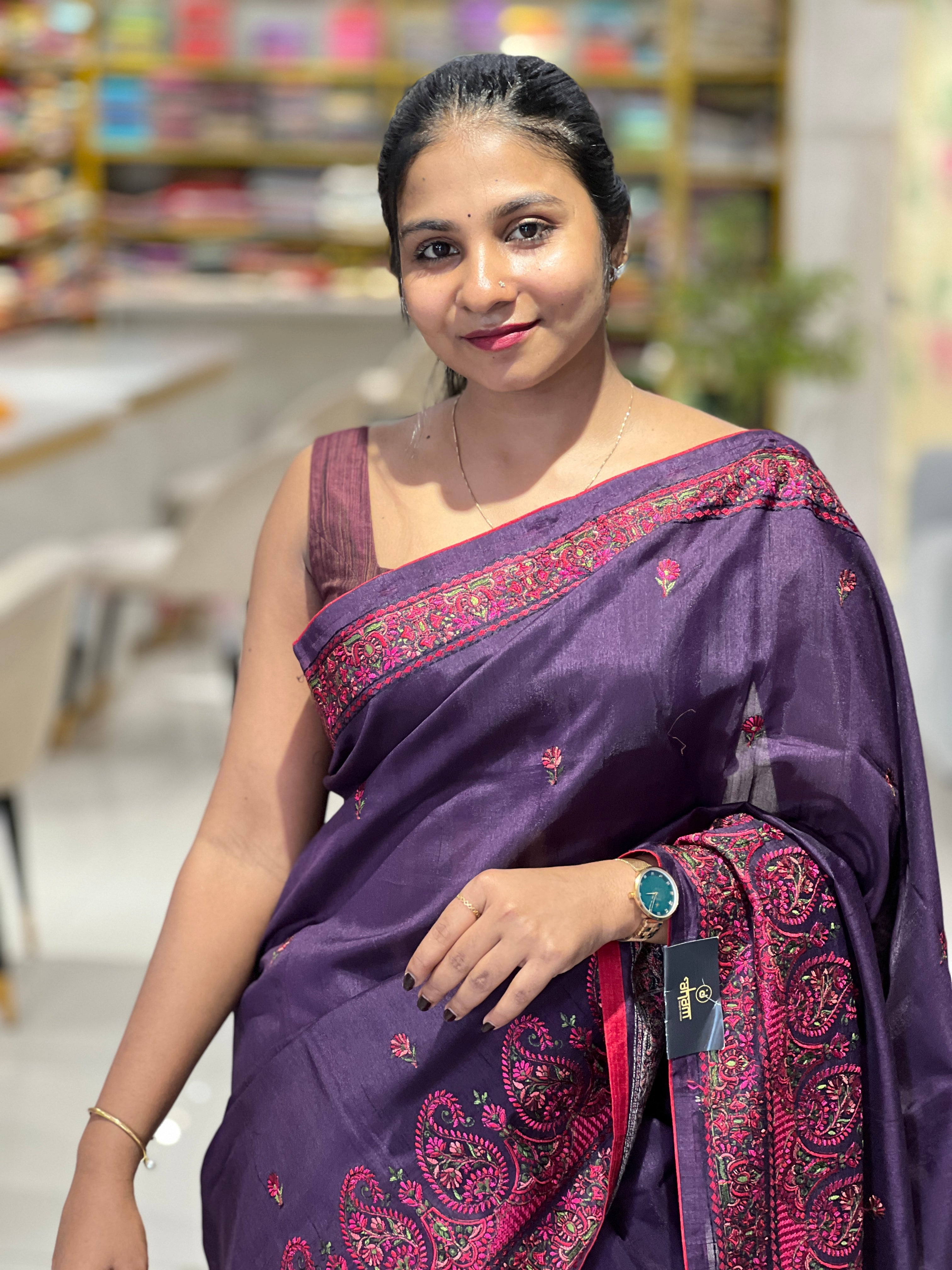 Machine Embroidery Detailed Tussar Saree | SUN415