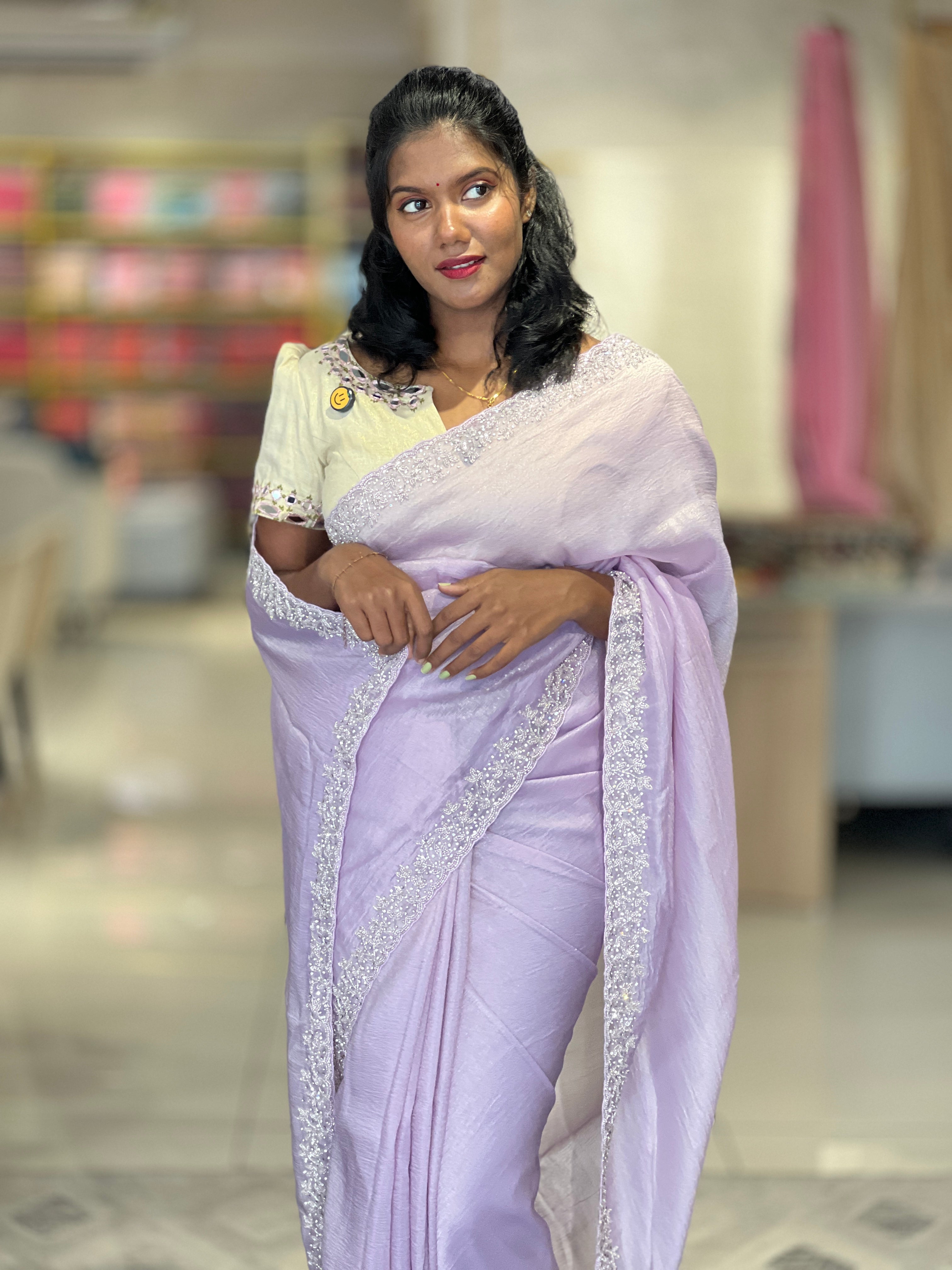 Hand Embroidery Crushed Shimmer Organza Saree | SBP834