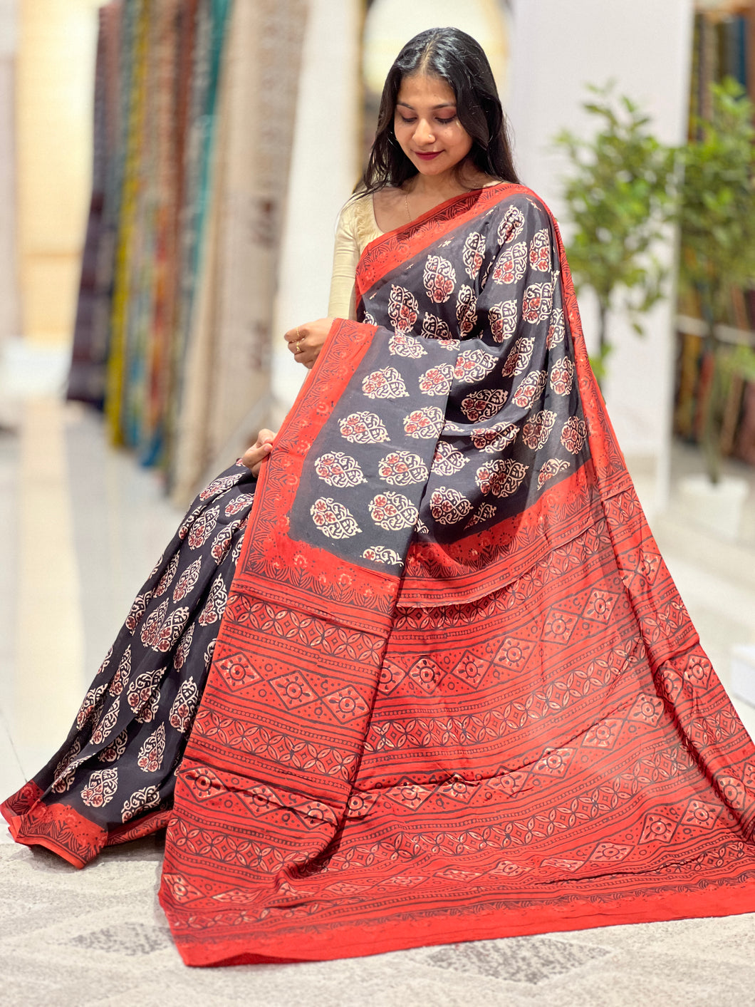 Block Printed Modal Saree | PF1073