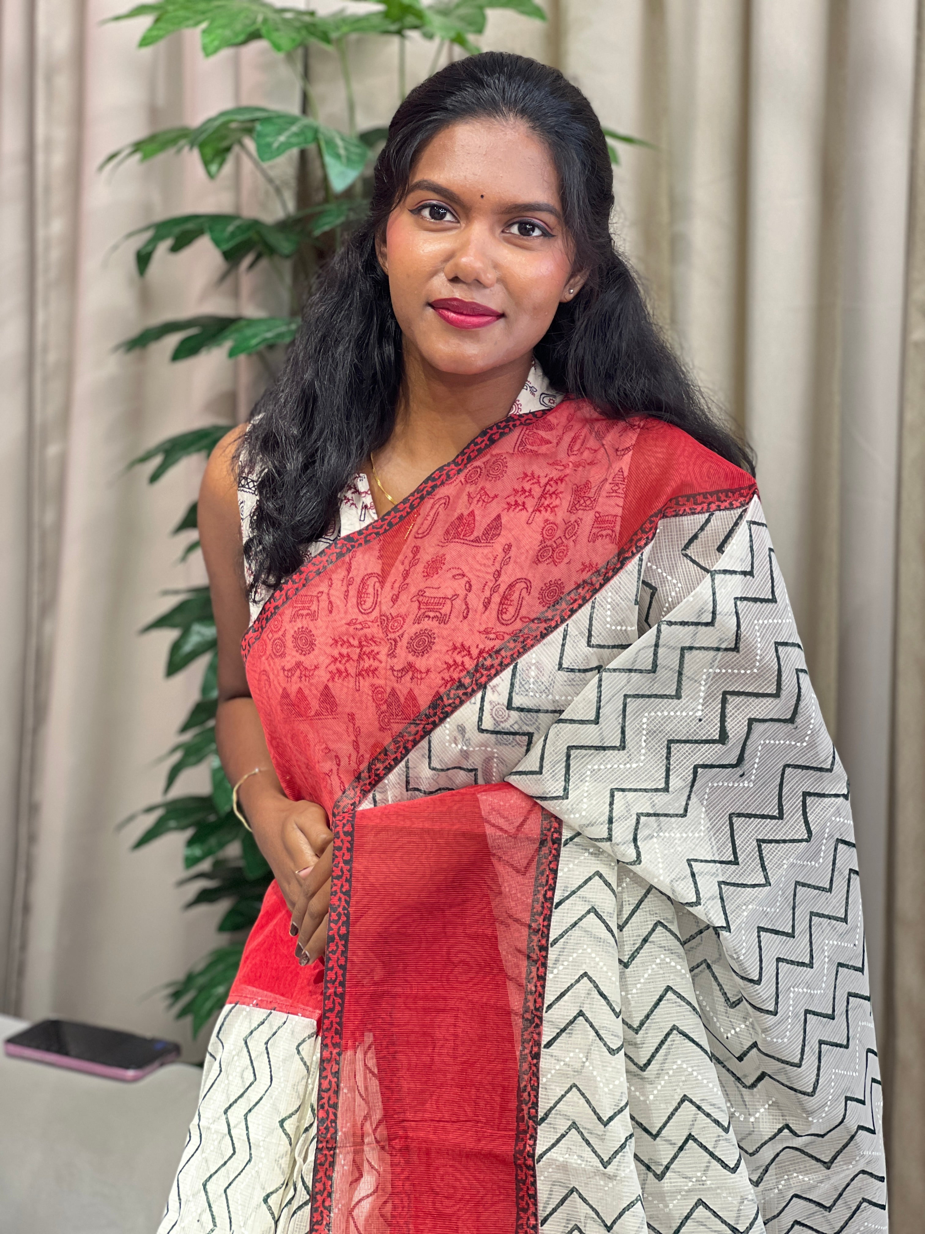 Block Printed Muga Check Organza Saree | JSC459