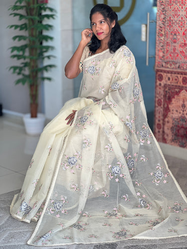 Floral Embroidered Manipuri Check Organza Saree | GMS258