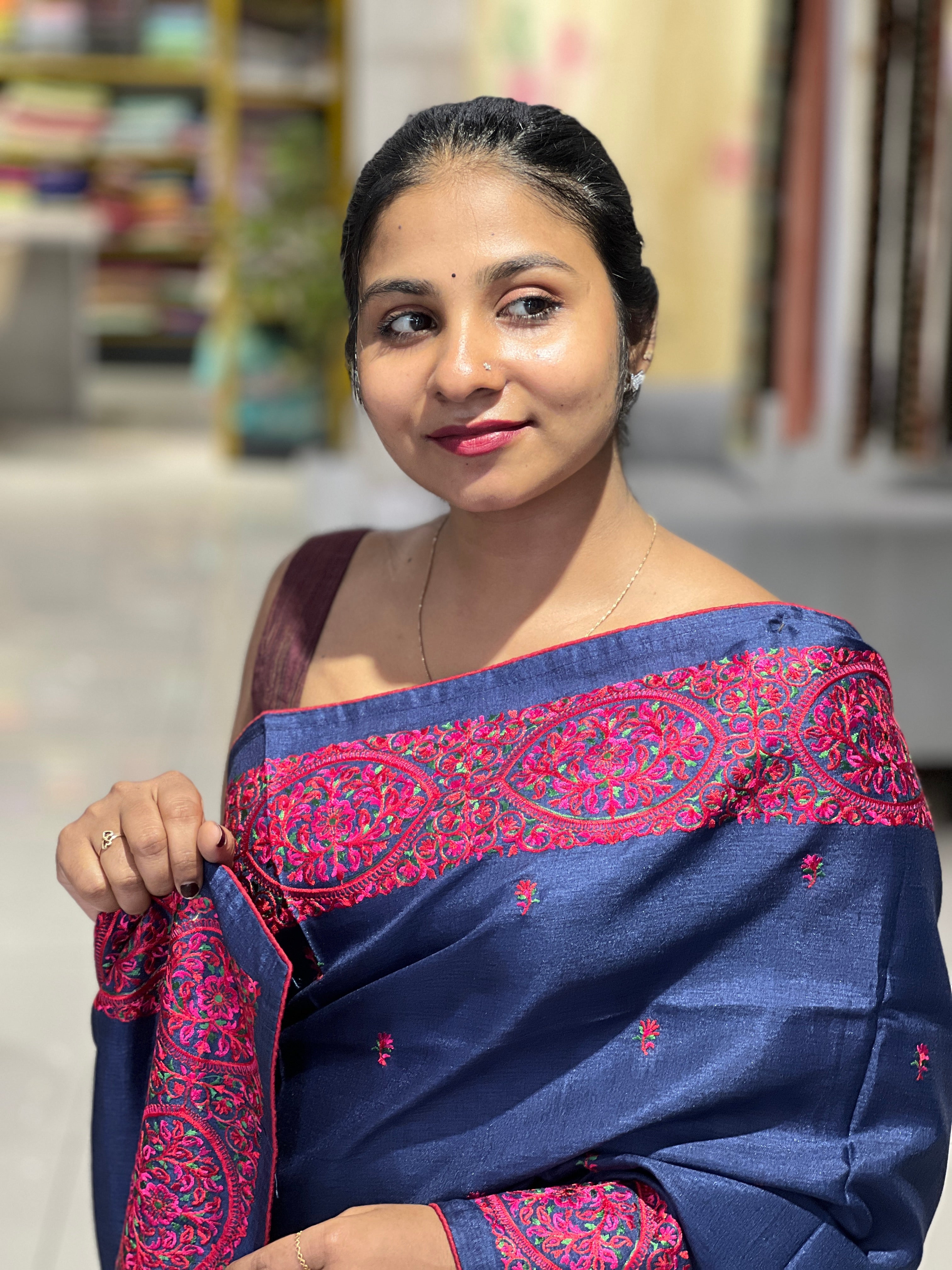 Multi-Colour Embroidery Detailed Semi Tussar Saree | SUN475