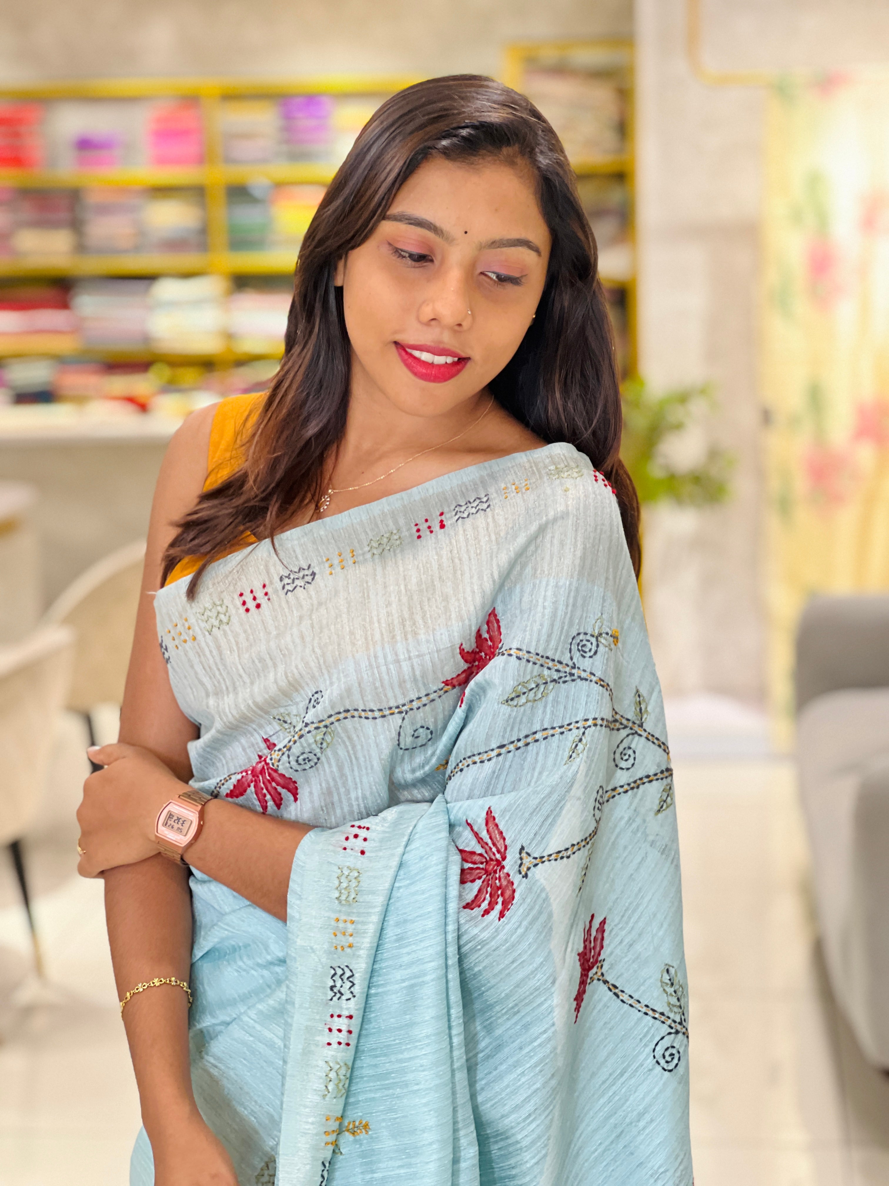 Traditional Hand Embroidery Detailed Green Silk Saree | BLD1245