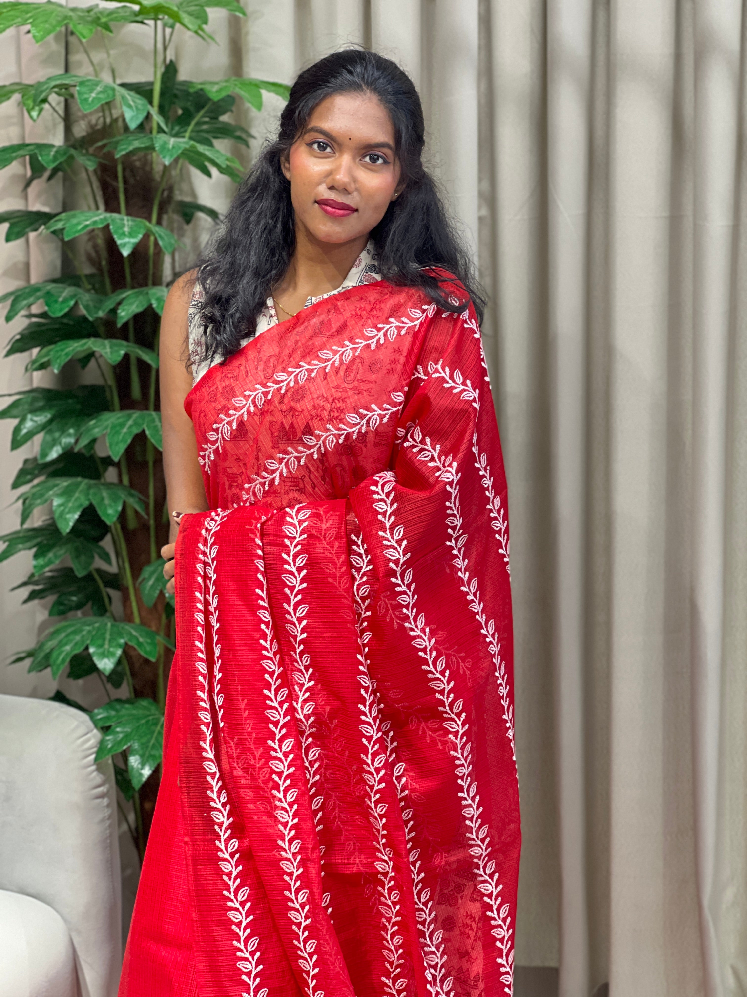 White Thread Floral Embroidery Design Silky Kota Saree  | NHH377