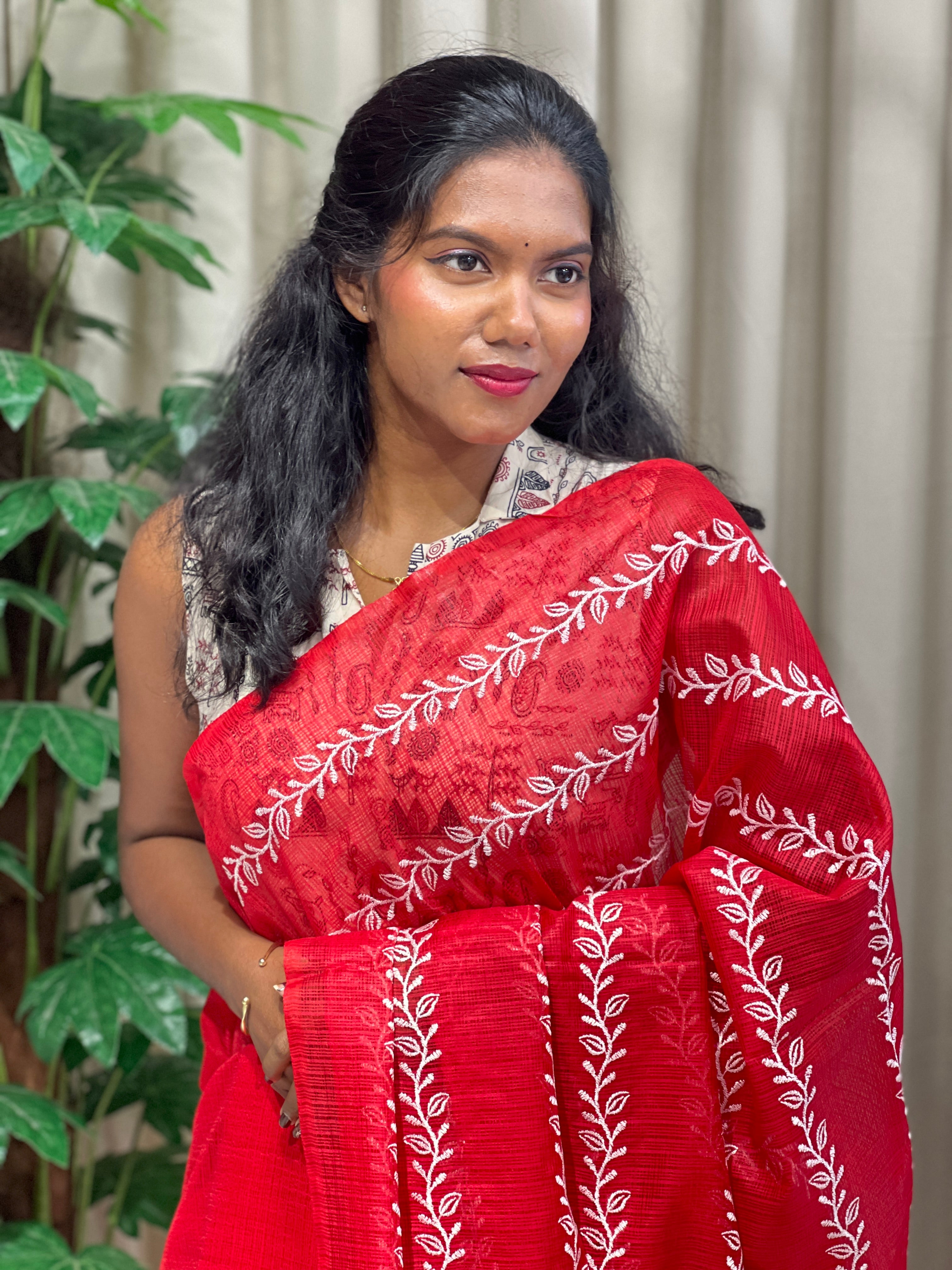 White Thread Floral Embroidery Design Silky Kota Saree  | NHH377