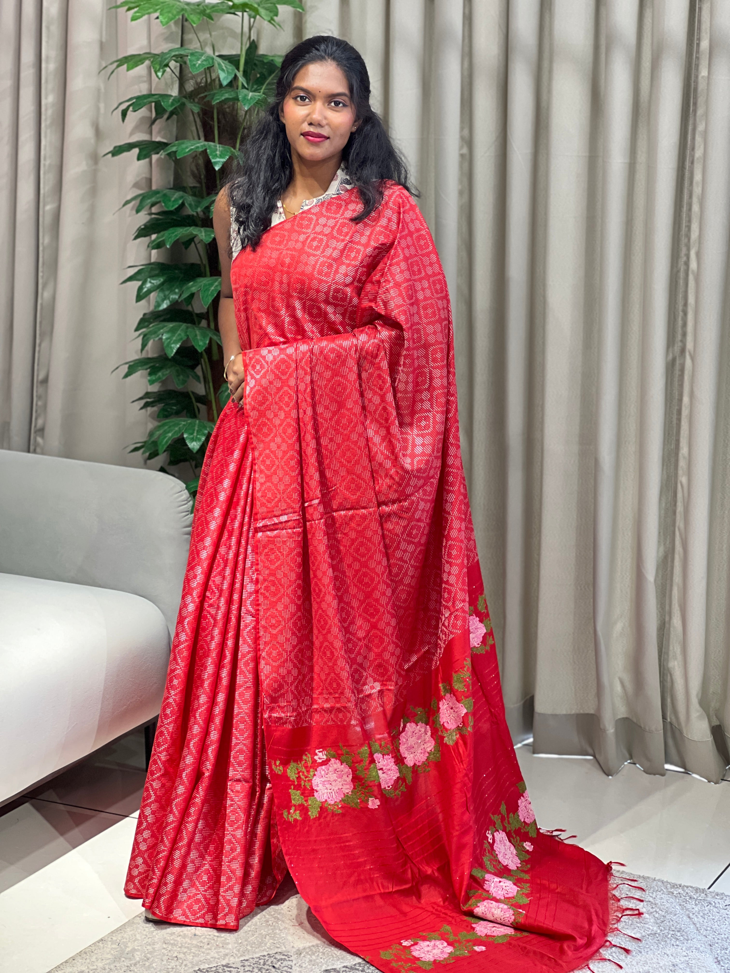 Geometrical Weaving Bhagalpuri Linen Saree | NHH223