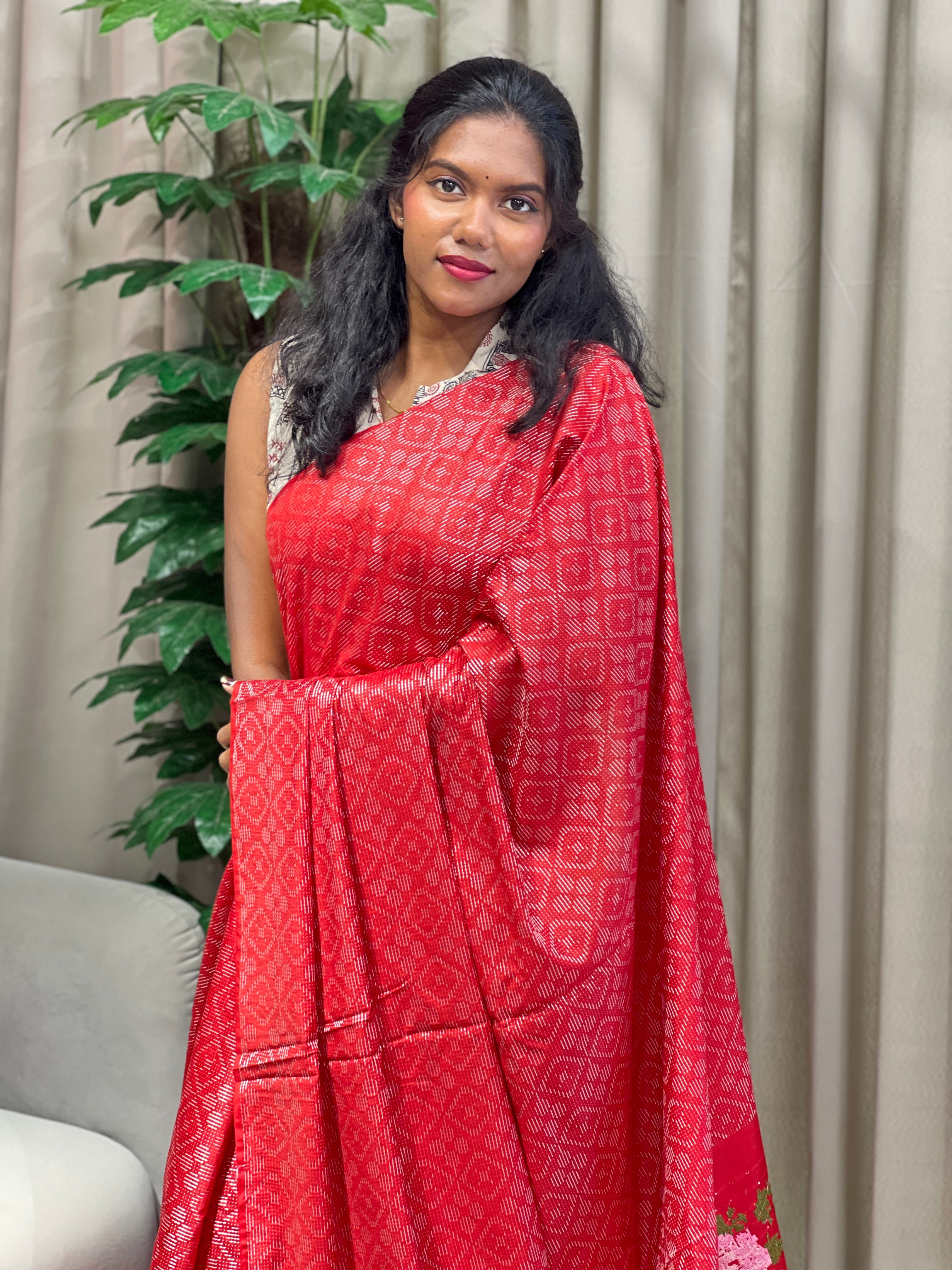 Geometrical Weaving Bhagalpuri Linen Saree | NHH223