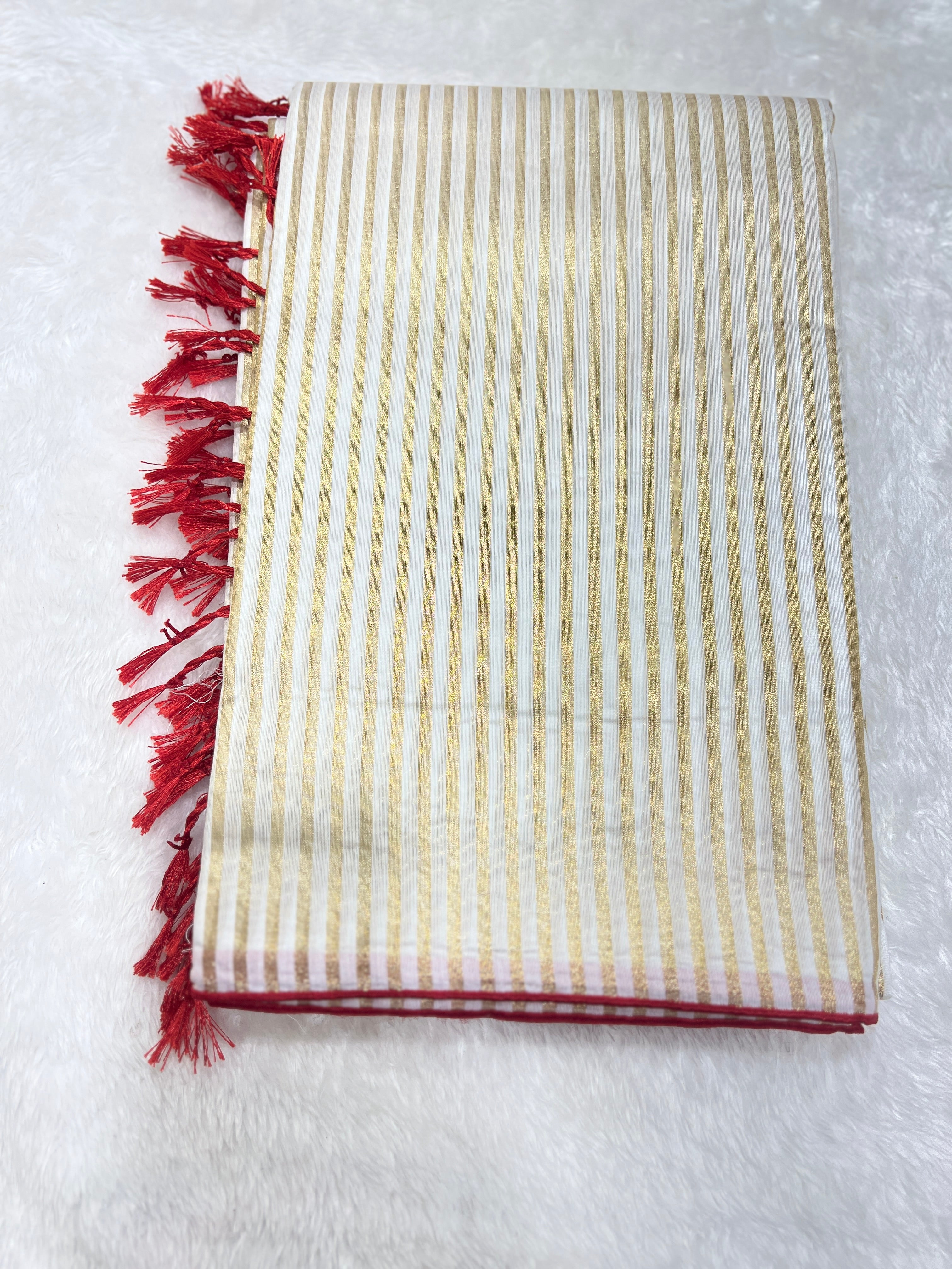 Golden Zari Stripe Pattern Mul Chanderi Saree | GAT426