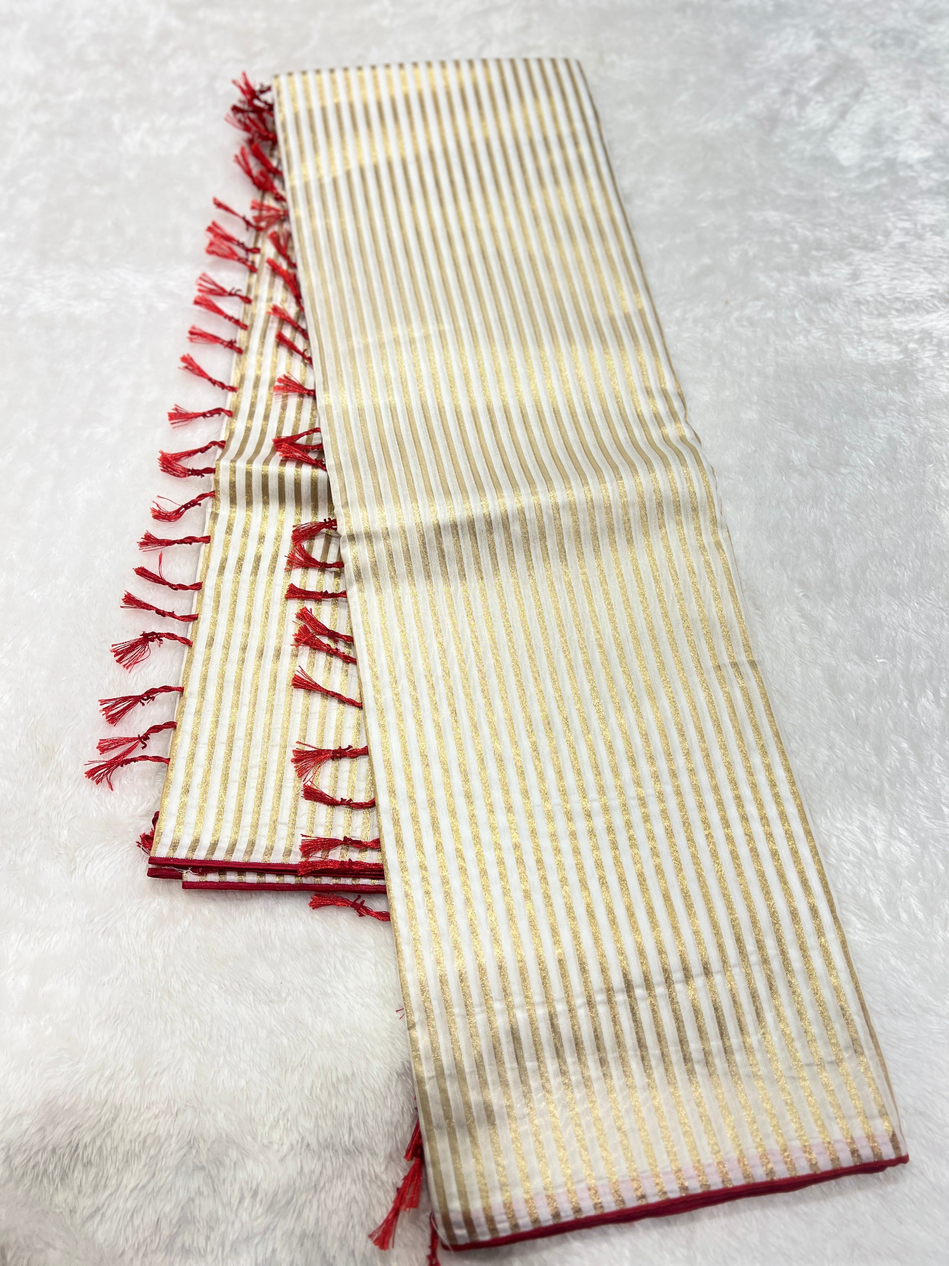 Golden Zari Stripe Pattern Mul Chanderi Saree | GAT426
