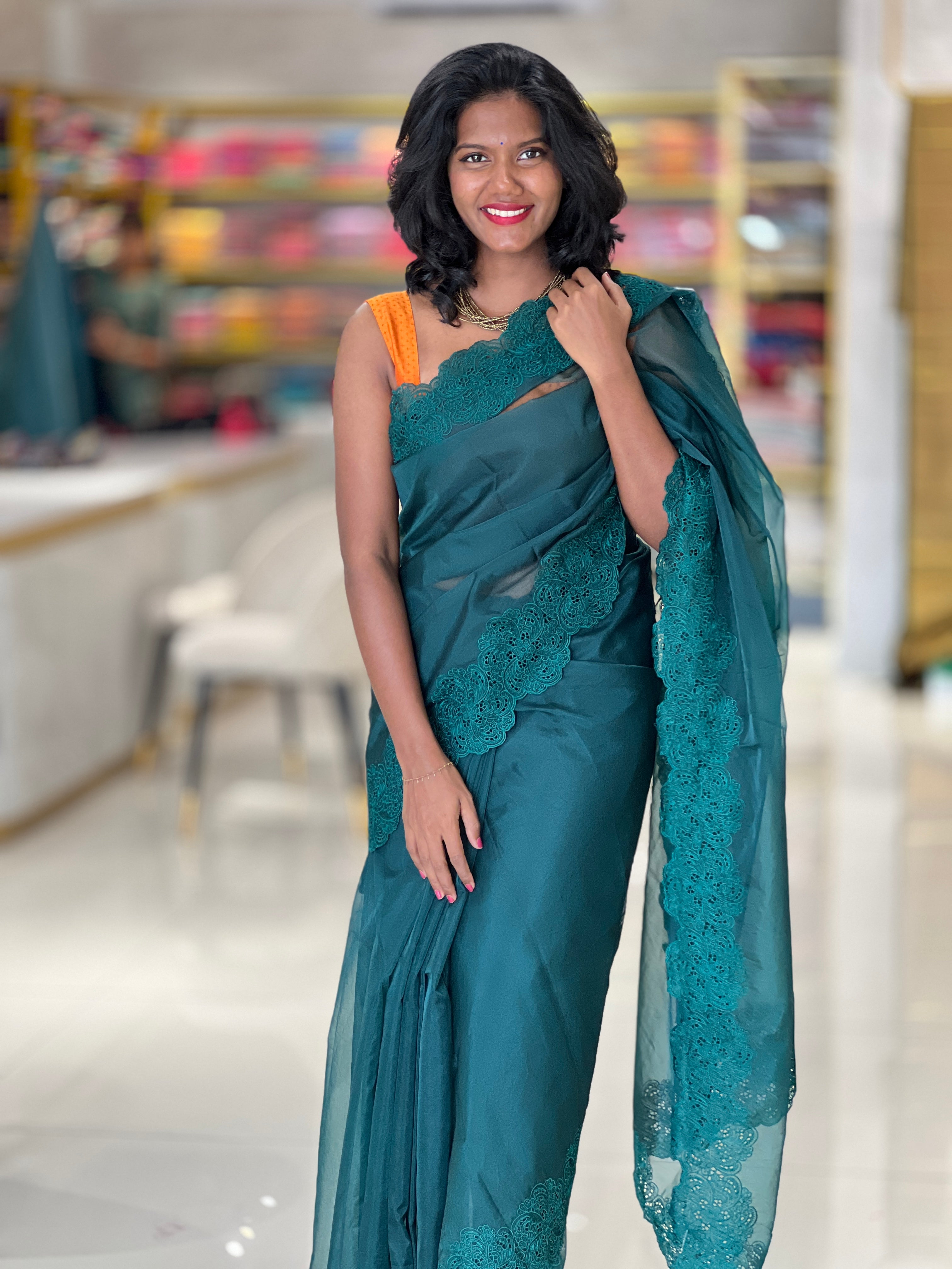 Cut-work Embroidery Border Glass Orgnza Saree | SBP569