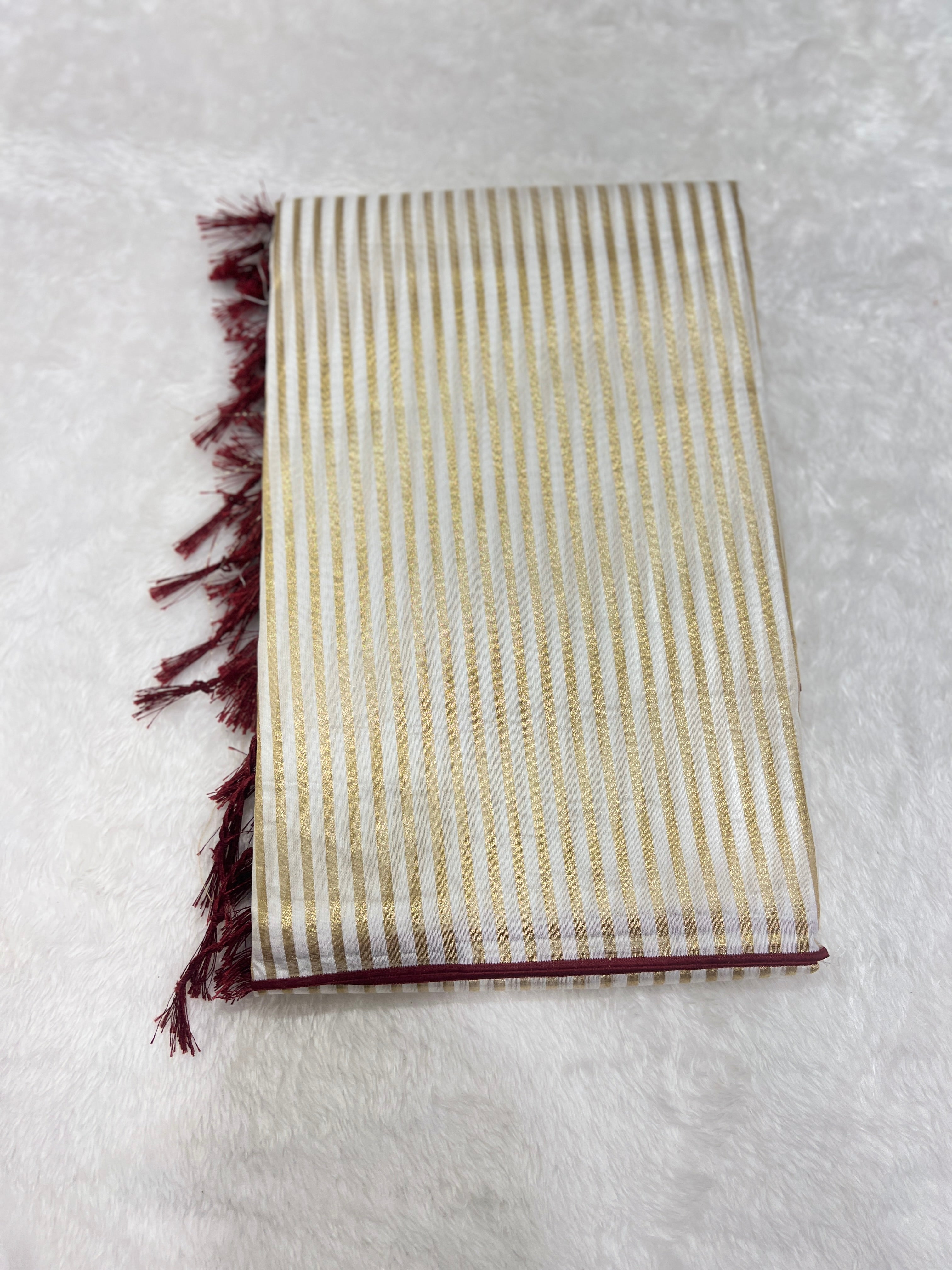 Golden Zari Stripe Pattern Mul Chanderi Saree | GAT427