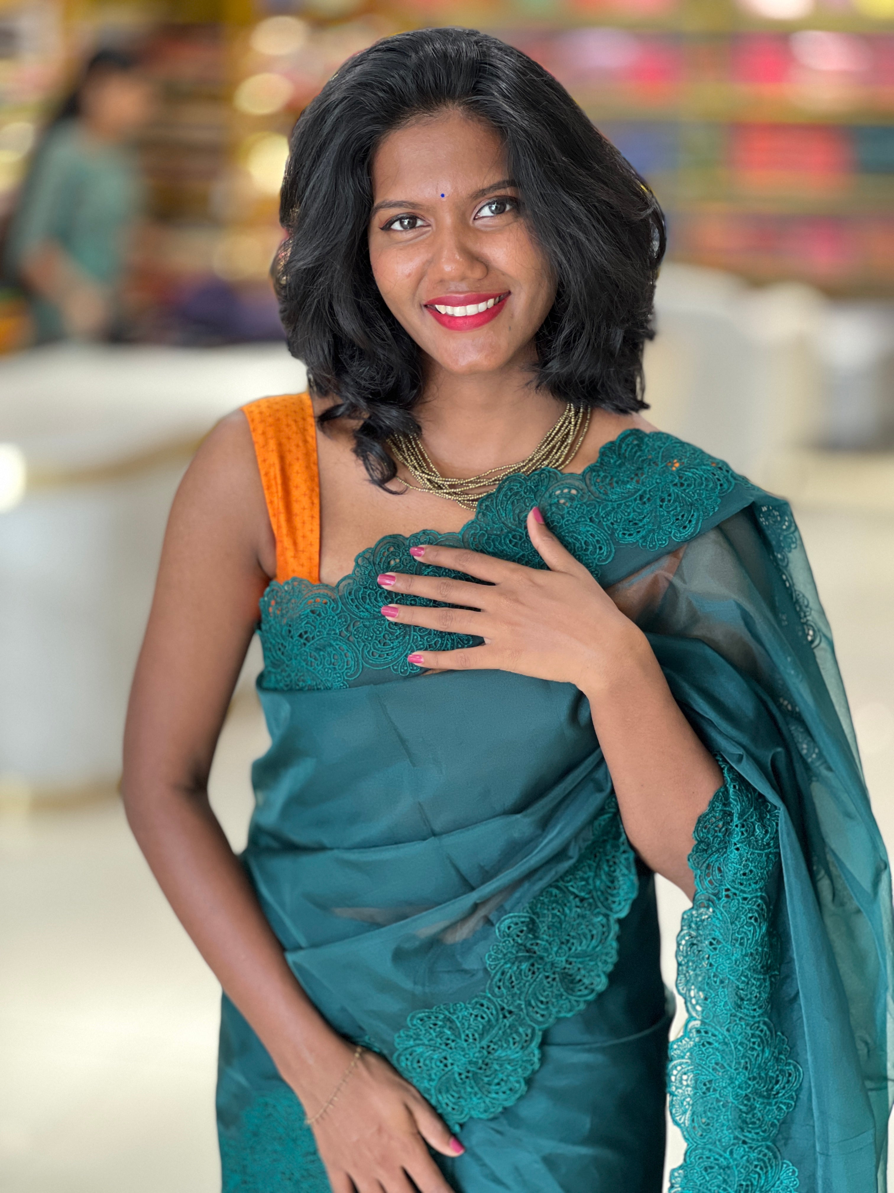 Cut-work Embroidery Border Glass Orgnza Saree | SBP569