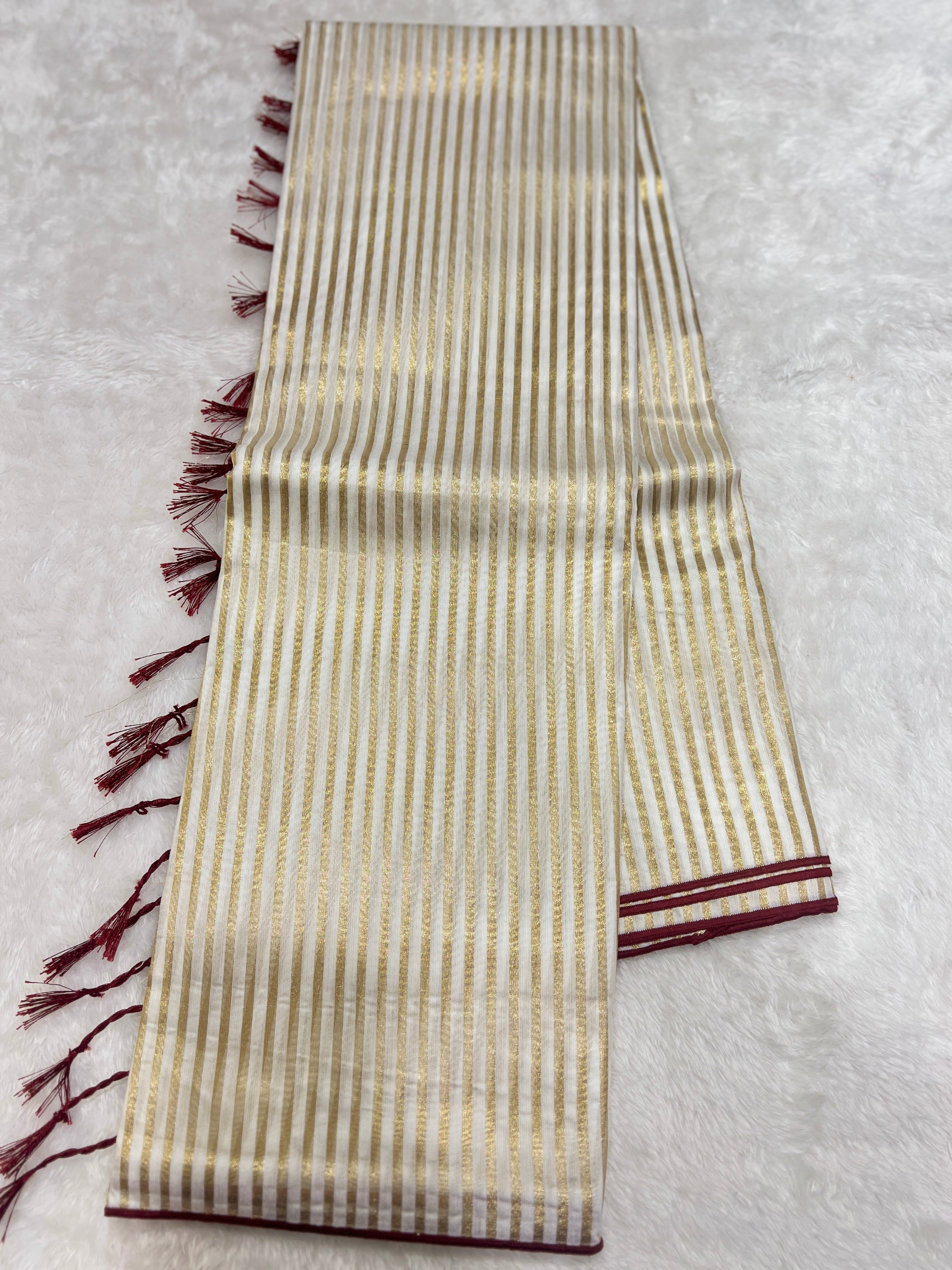 Golden Zari Stripe Pattern Mul Chanderi Saree | GAT427