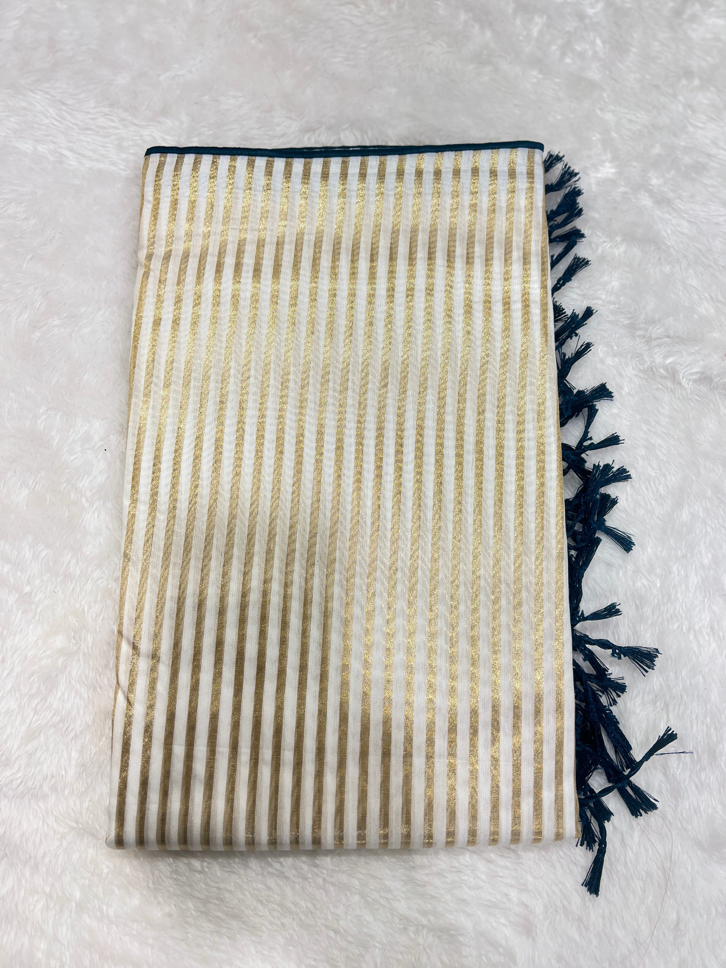 Golden Zari Stripe Pattern Mul Chanderi Saree | GAT431