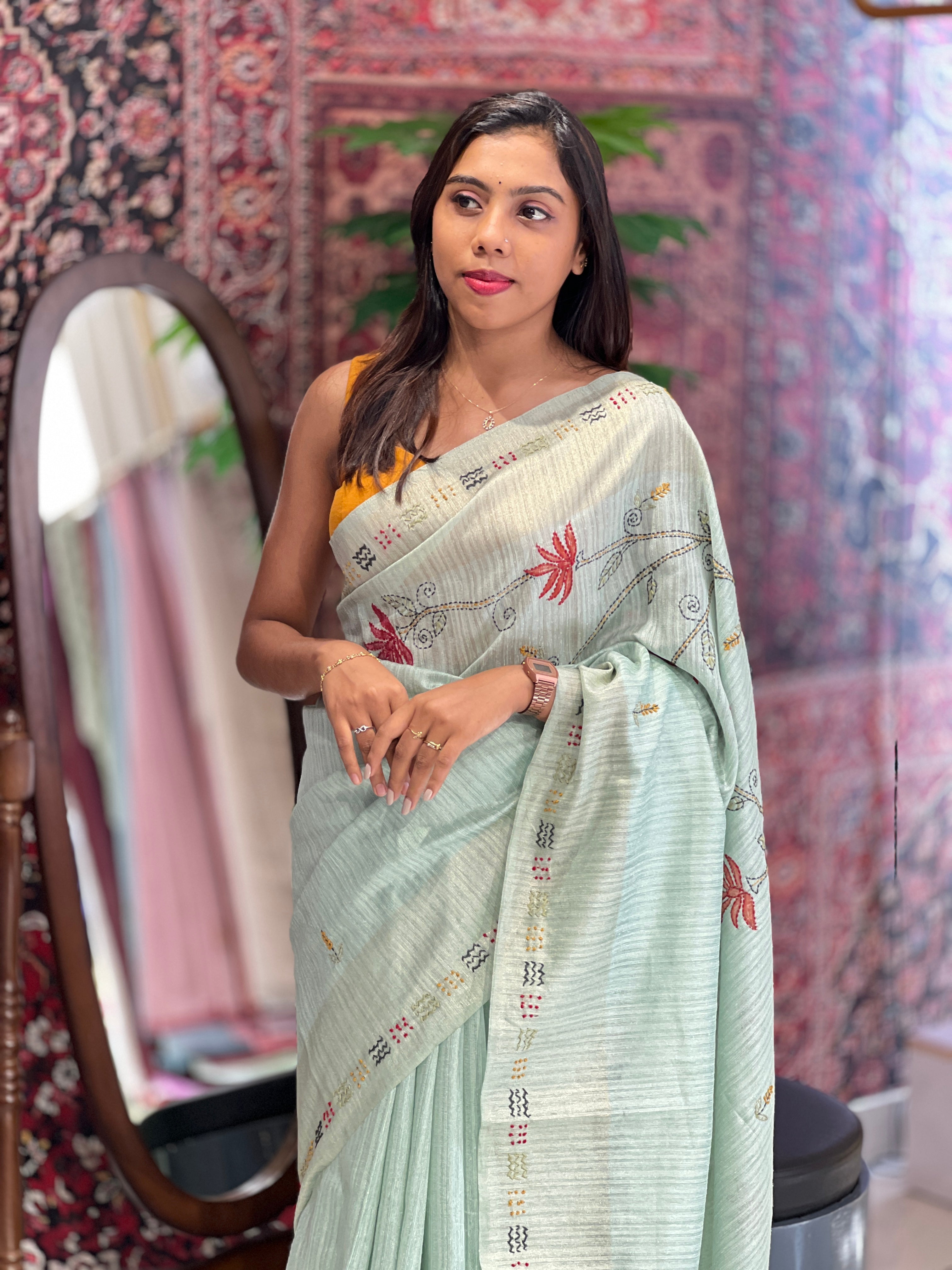 Traditional Hand Embroidery Detailed Green Silk Saree | BLD1247