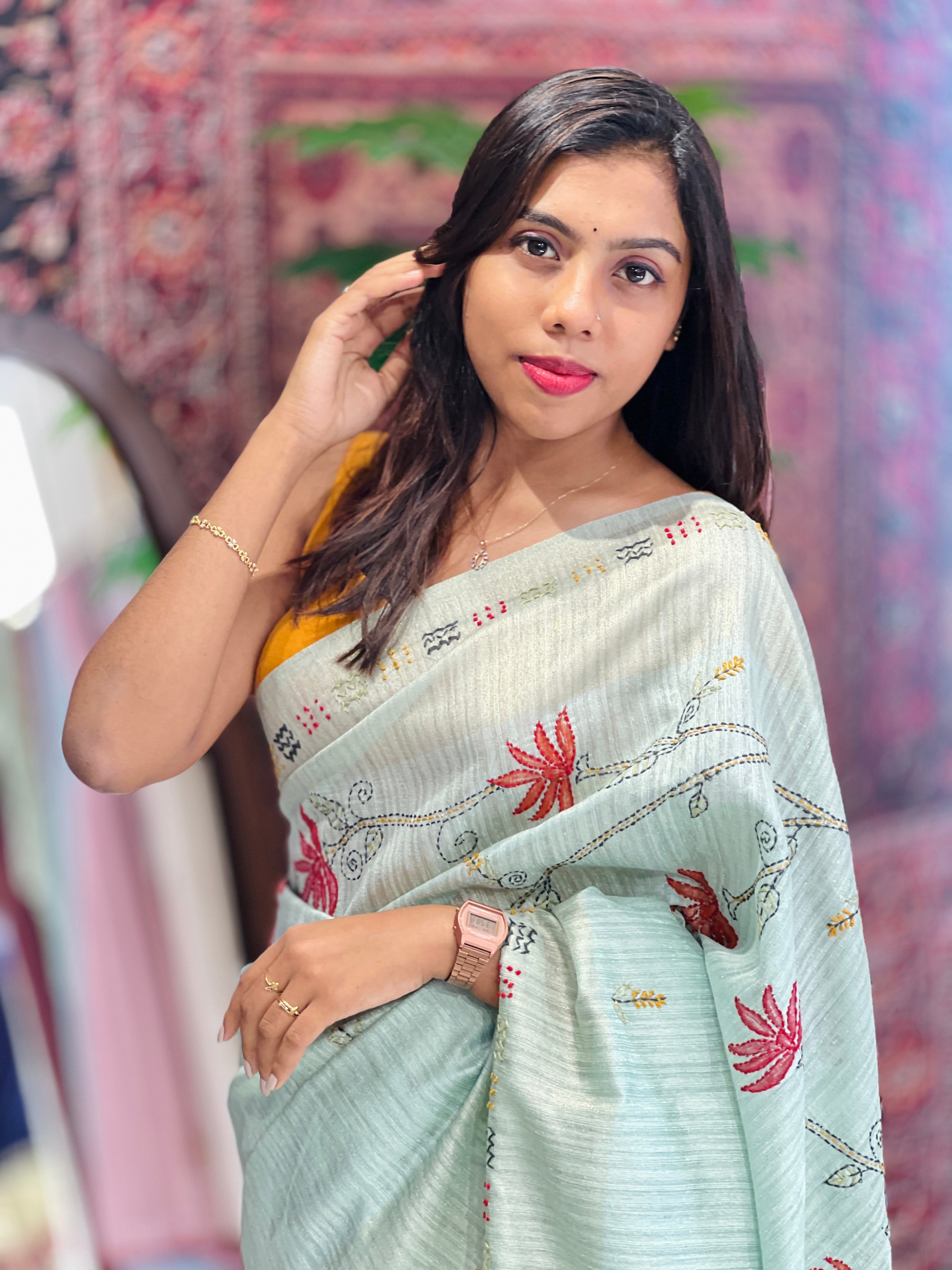 Traditional Hand Embroidery Detailed Green Silk Saree | BLD1247
