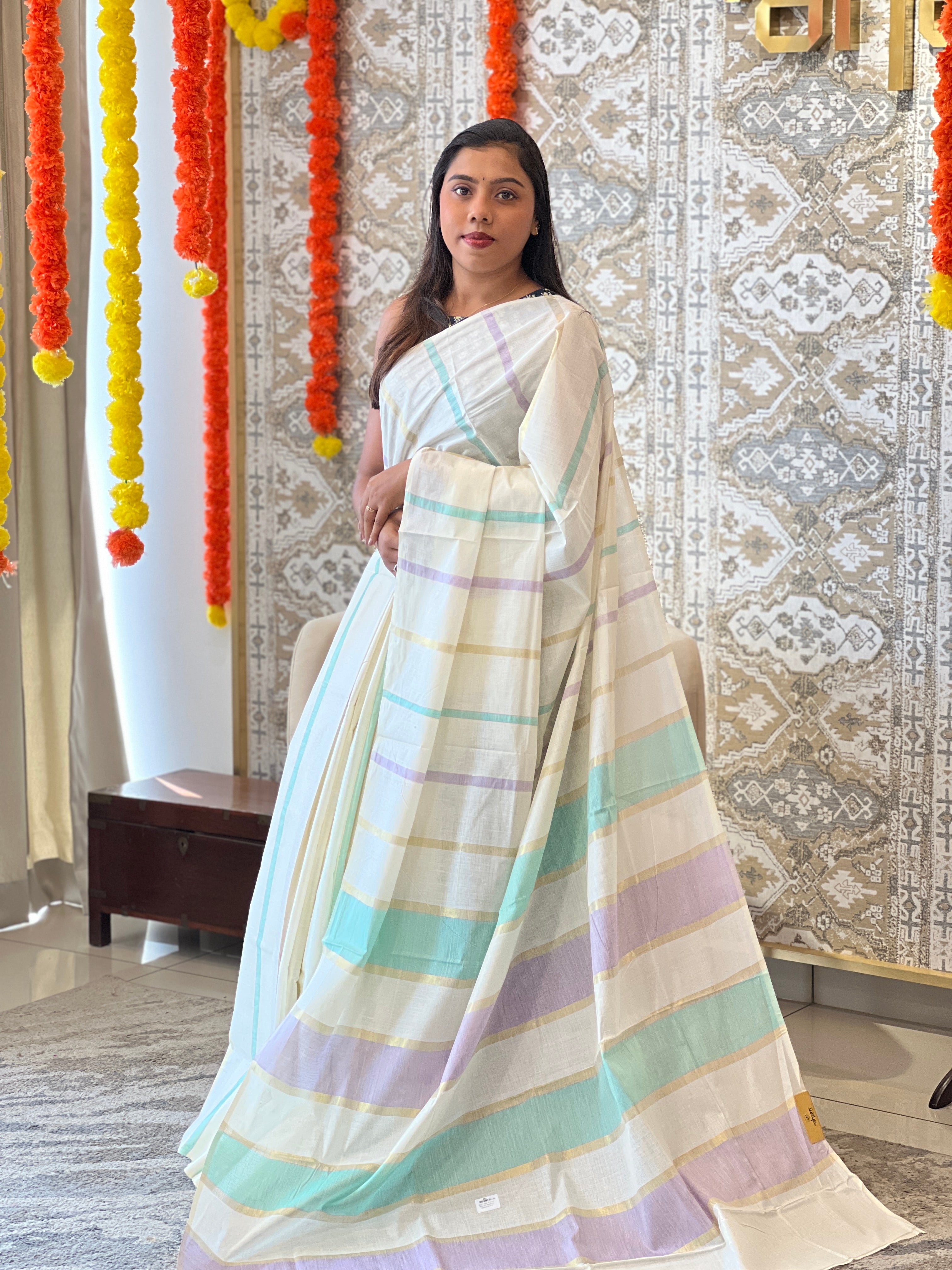 Vertical Line Pattern Kerala Cotton Saree | RLF121