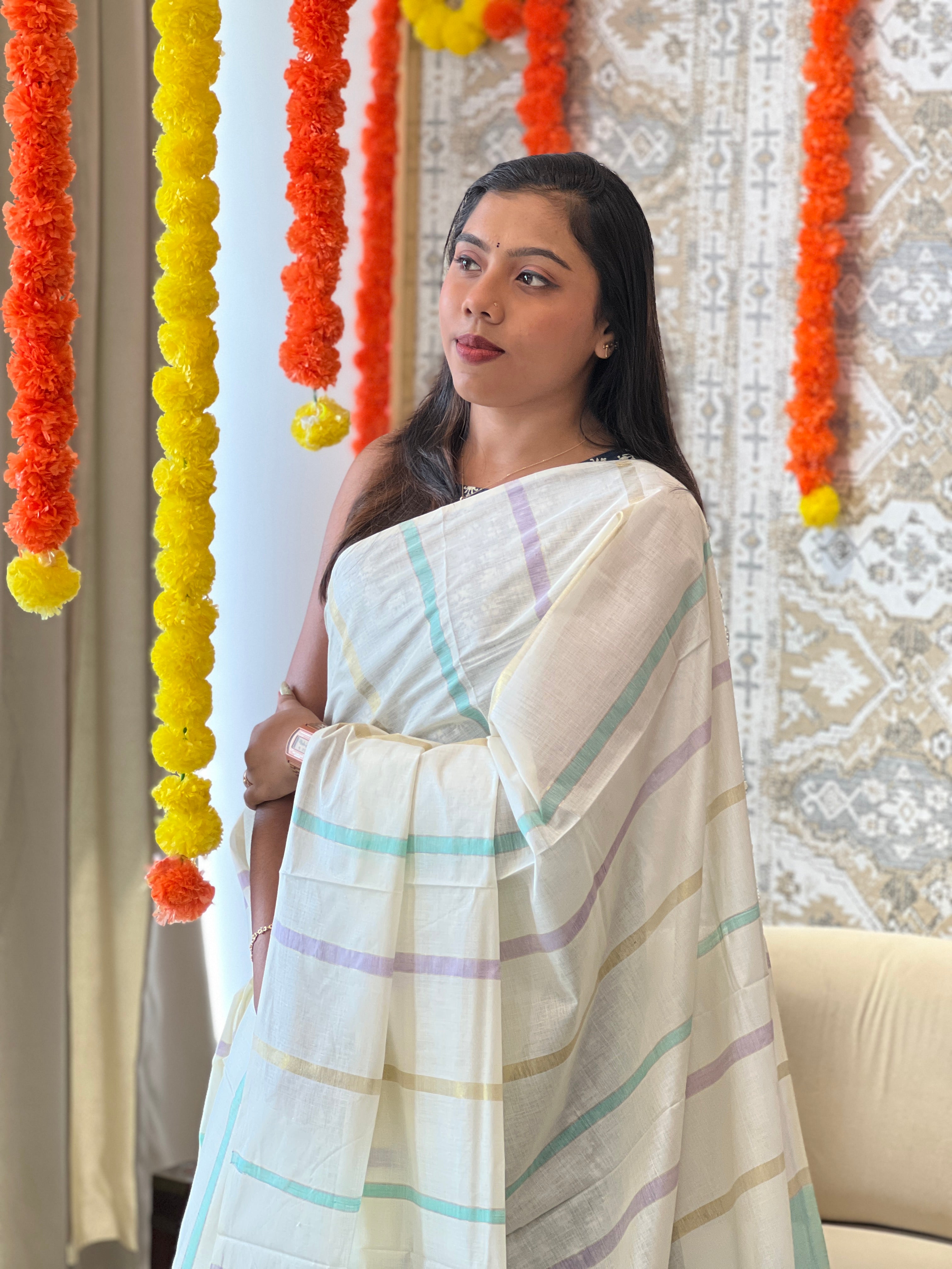 Vertical Line Pattern Kerala Cotton Saree | RLF121