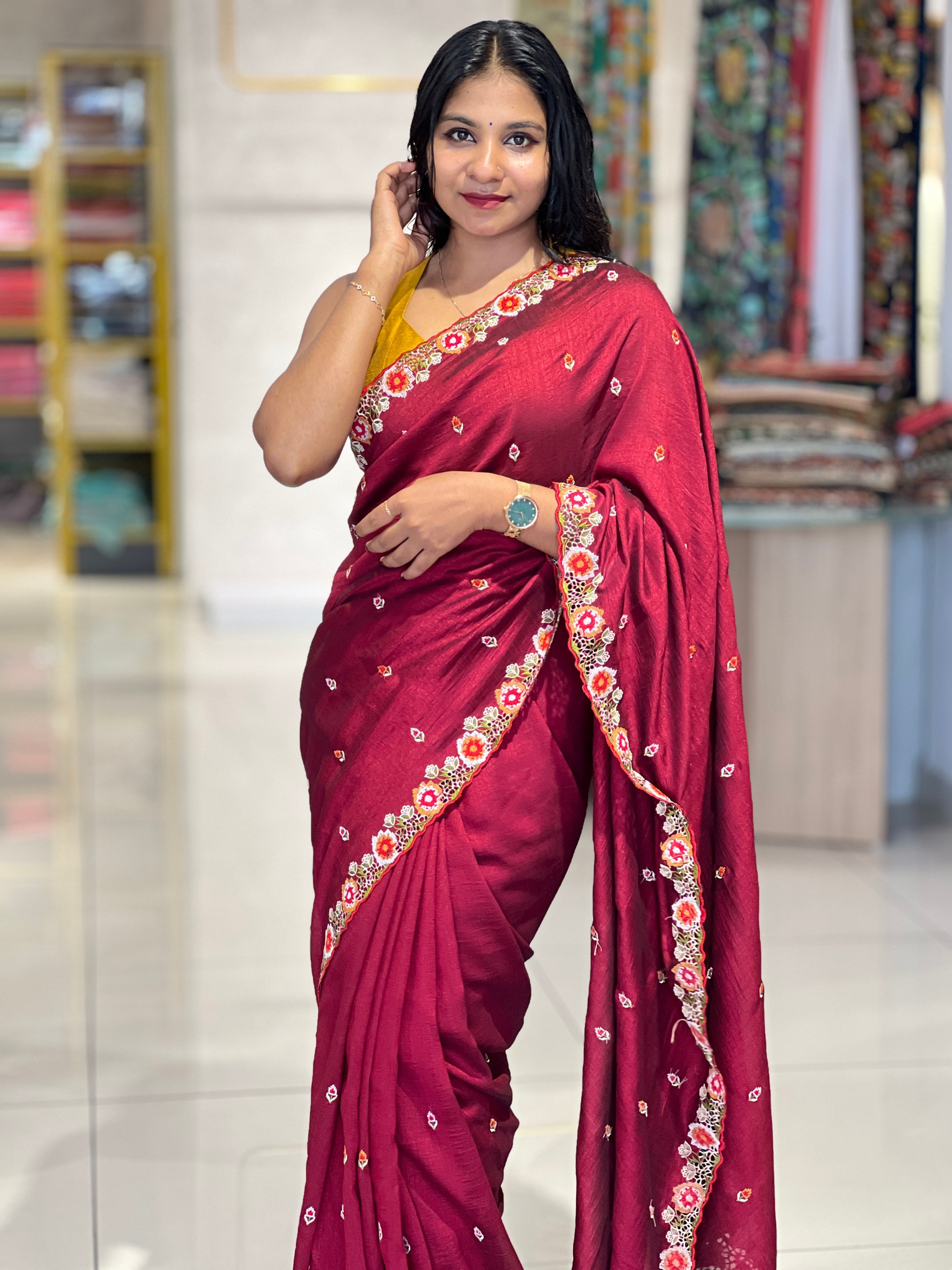 Embroidery Border Patterned Vichitra Silk Saree | RP532