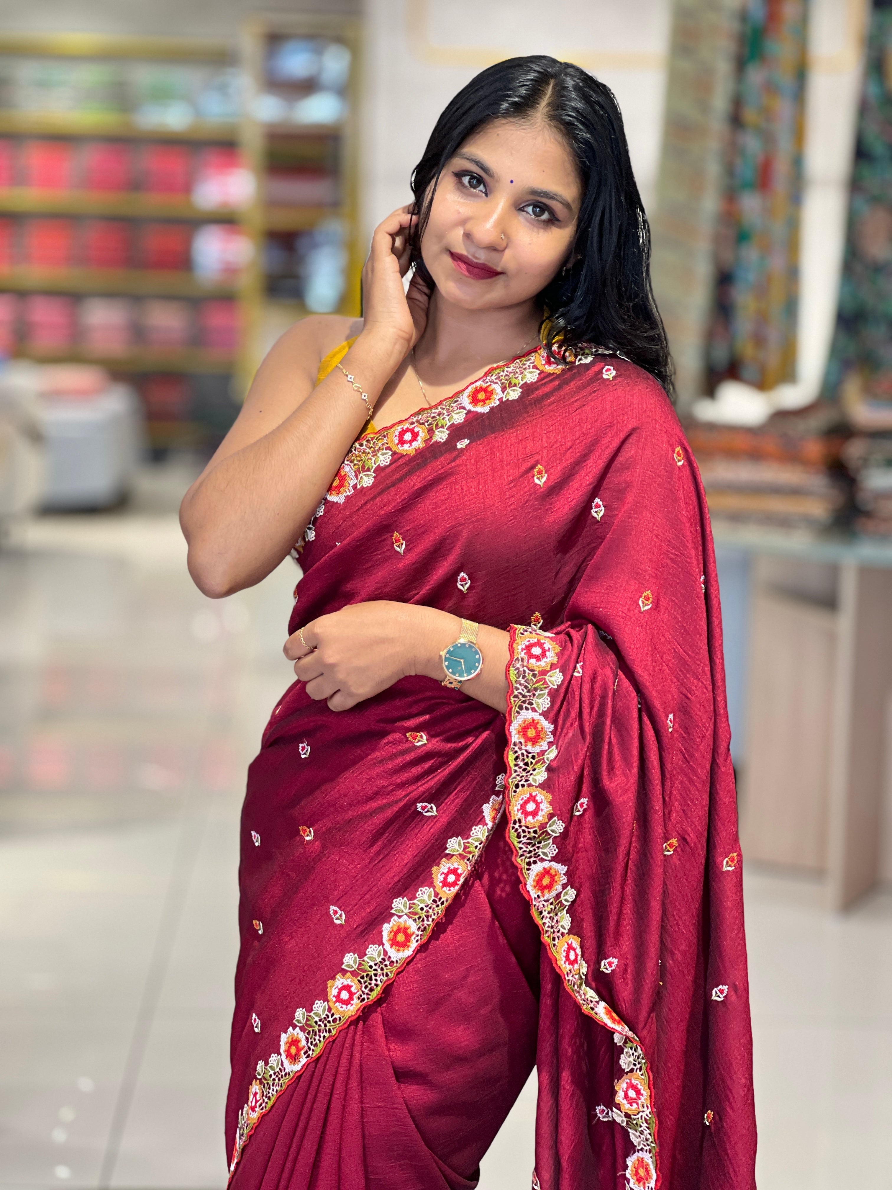 Embroidery Border Patterned Vichitra Silk Saree | RP532