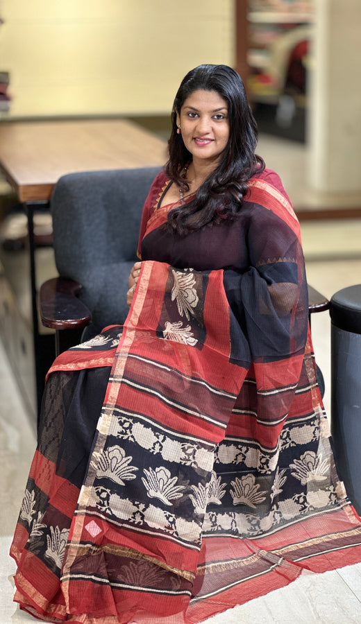 Hand Block Printed Kota Doria Saree | AHR439