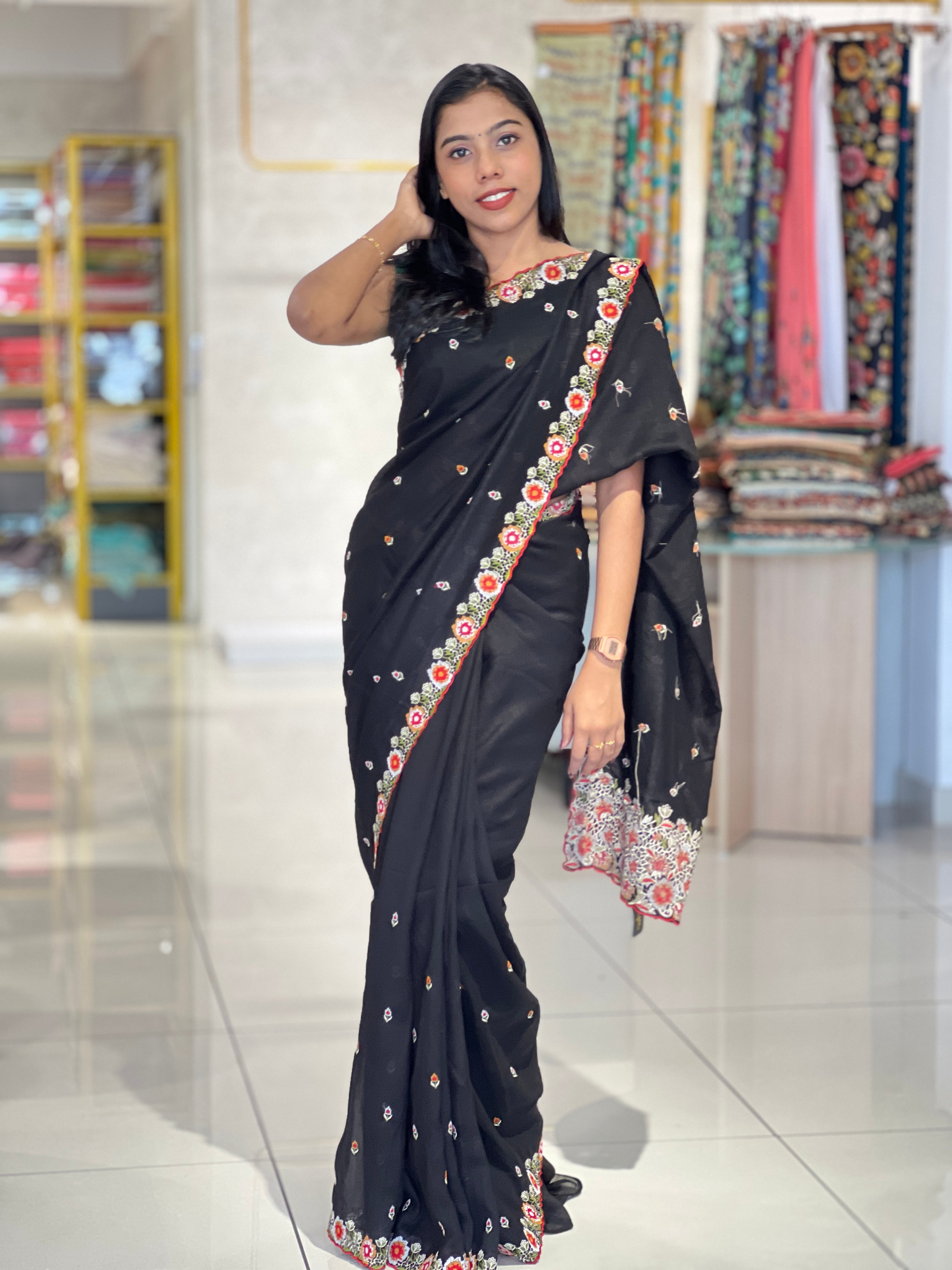 Embroidery Border Patterned Vichitra Silk Saree | RP531