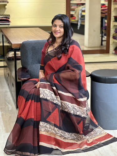 Hand Block Printed Kota Doria Saree | AHR438
