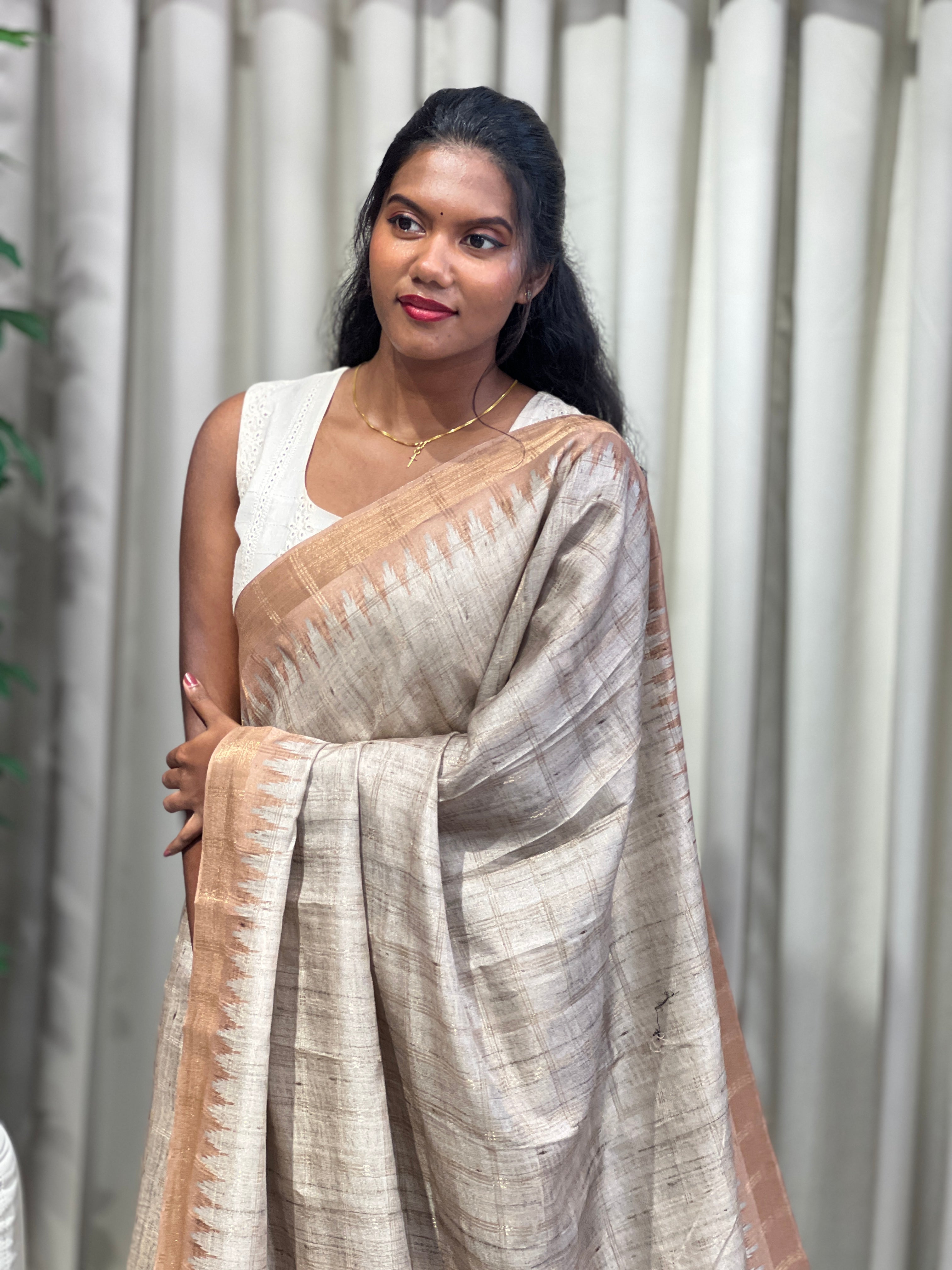 Temple Border Detailed Tussar Finish Saree | SSN404