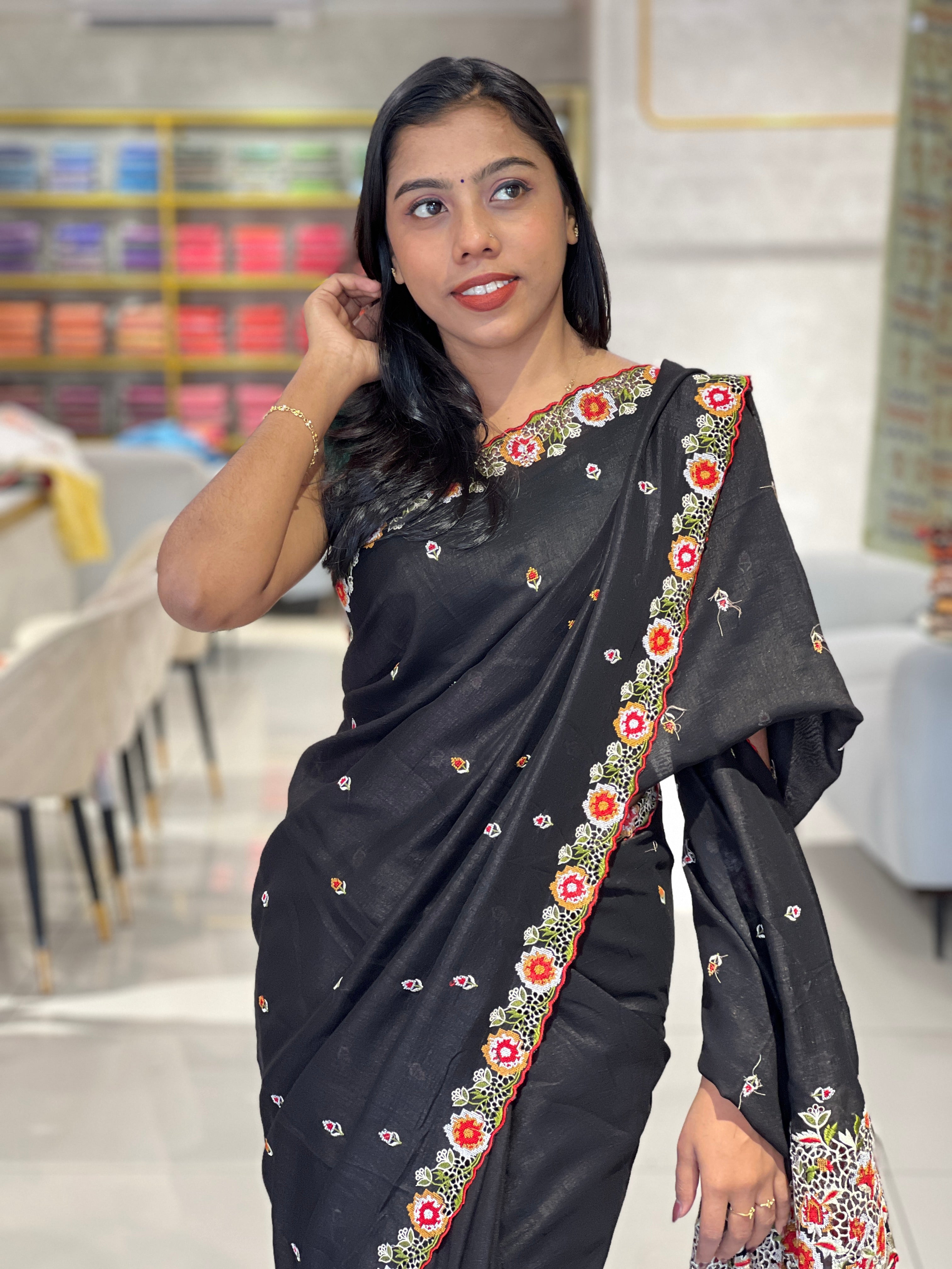 Embroidery Border Patterned Vichitra Silk Saree | RP531