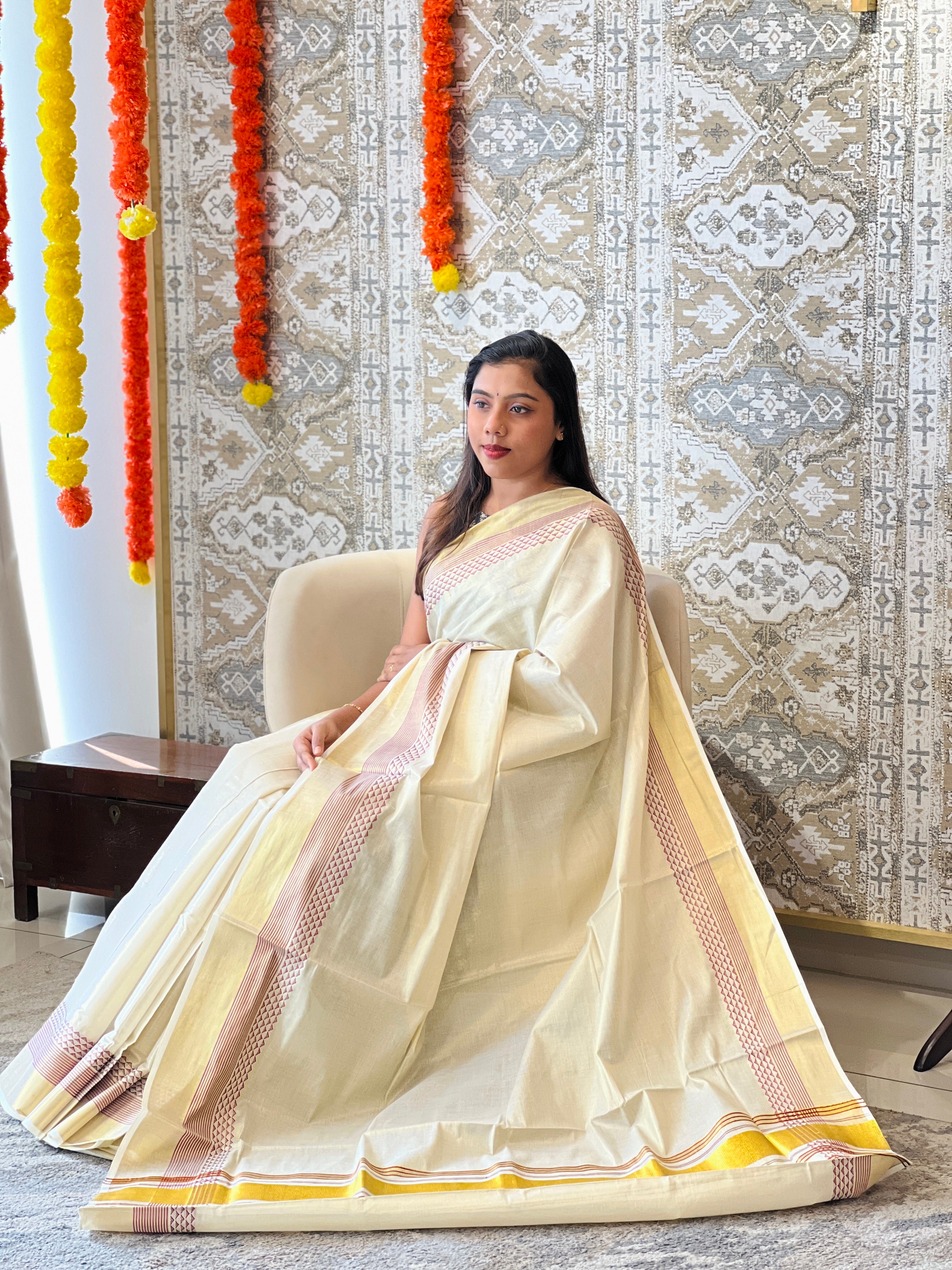 Geometric Pattern Kerala Cotton Saree | RLF114