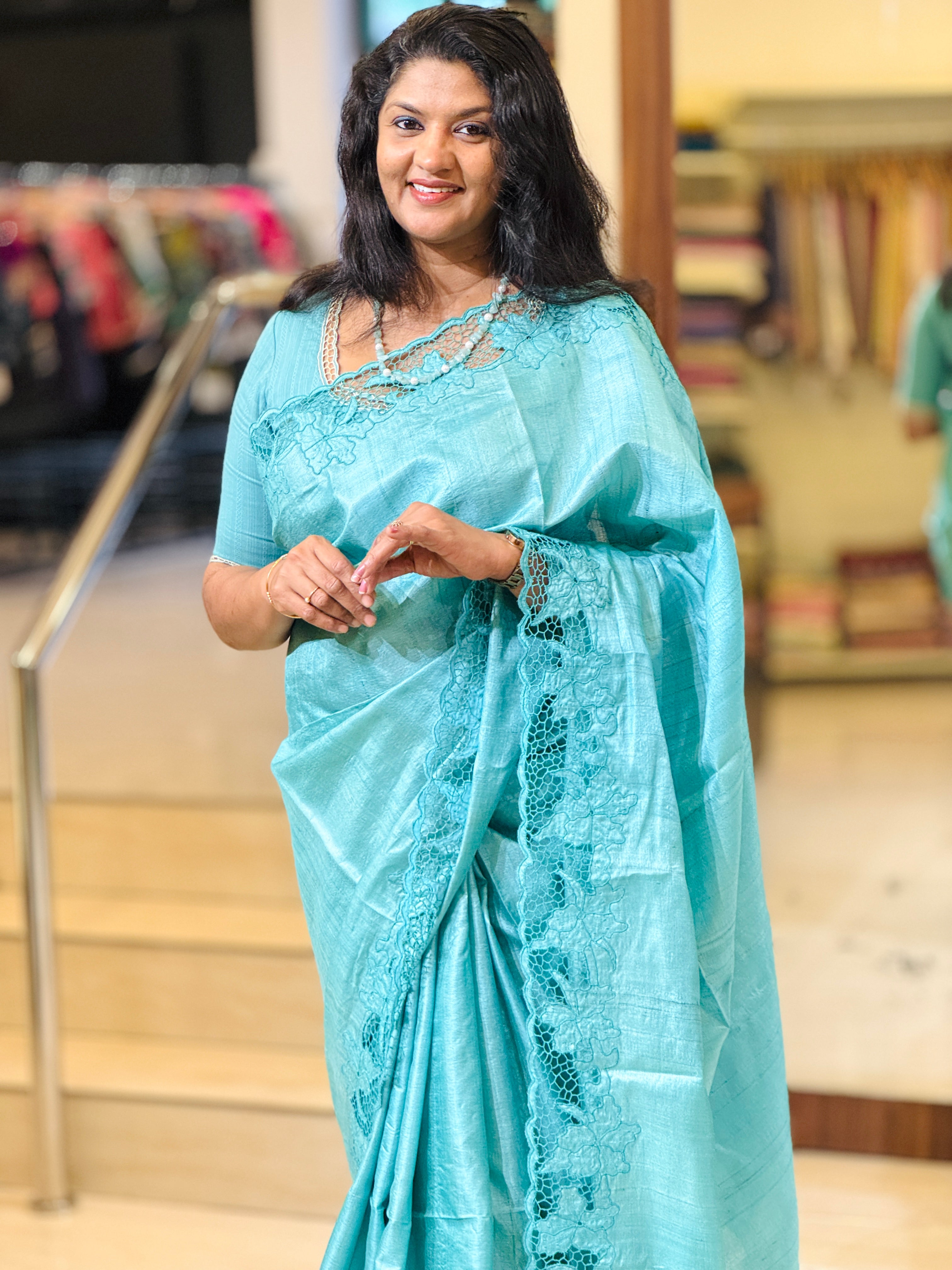 Twine Cut Work With Floral Embroidered Tussar Silk Saree | TC410