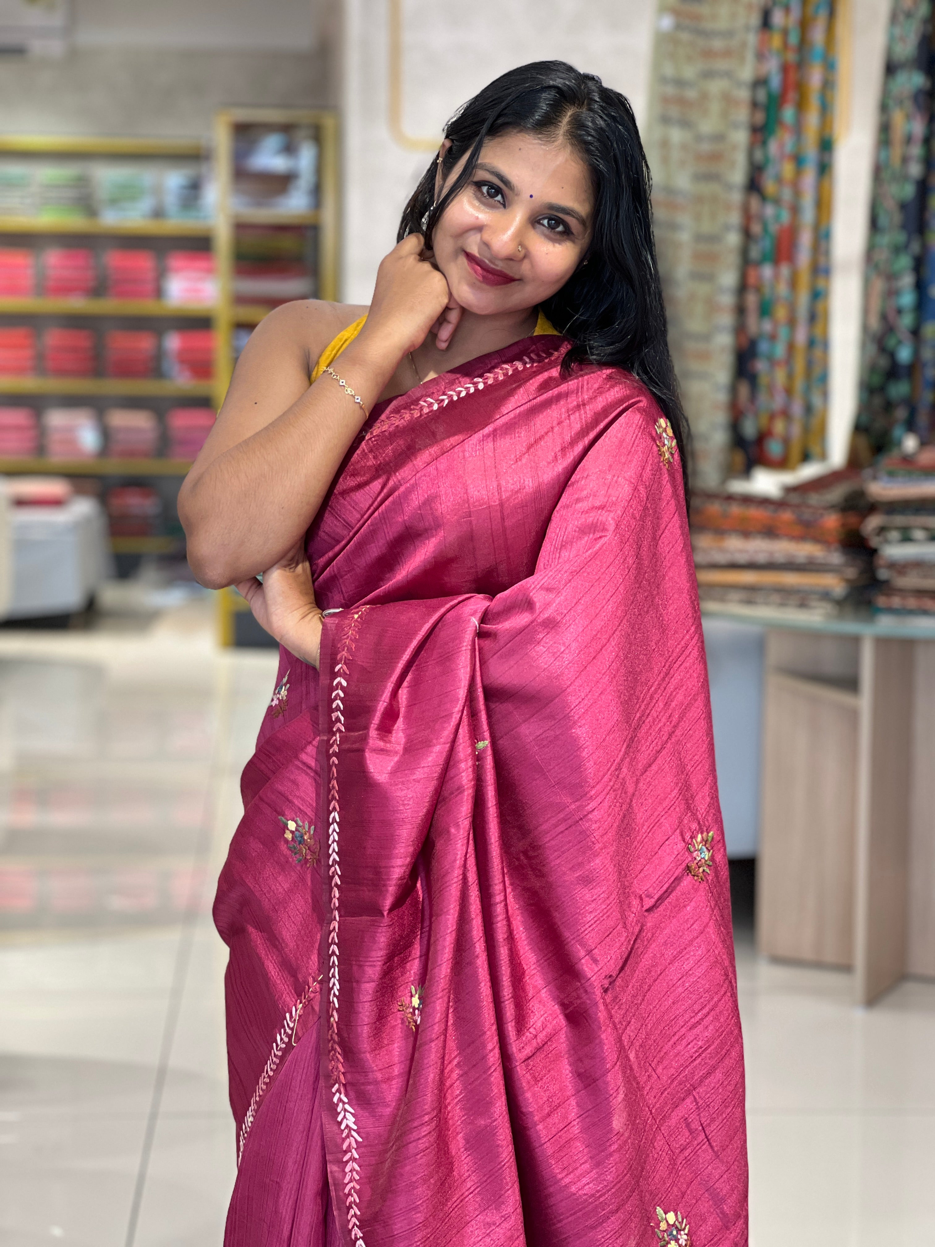 Embroidery Detailed Tussar Finish Saree | BLD640