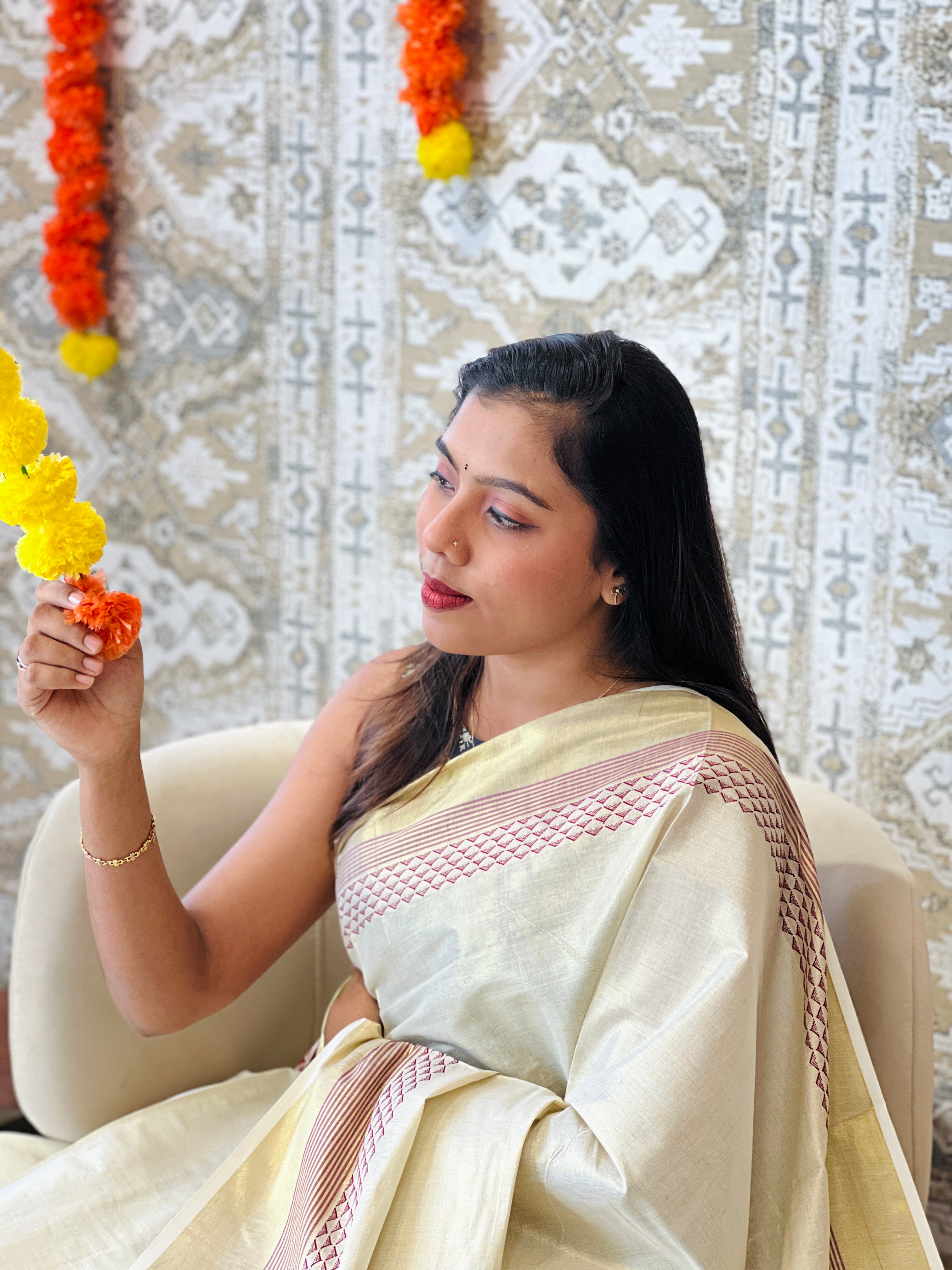 Geometric Pattern Kerala Cotton Saree | RLF114