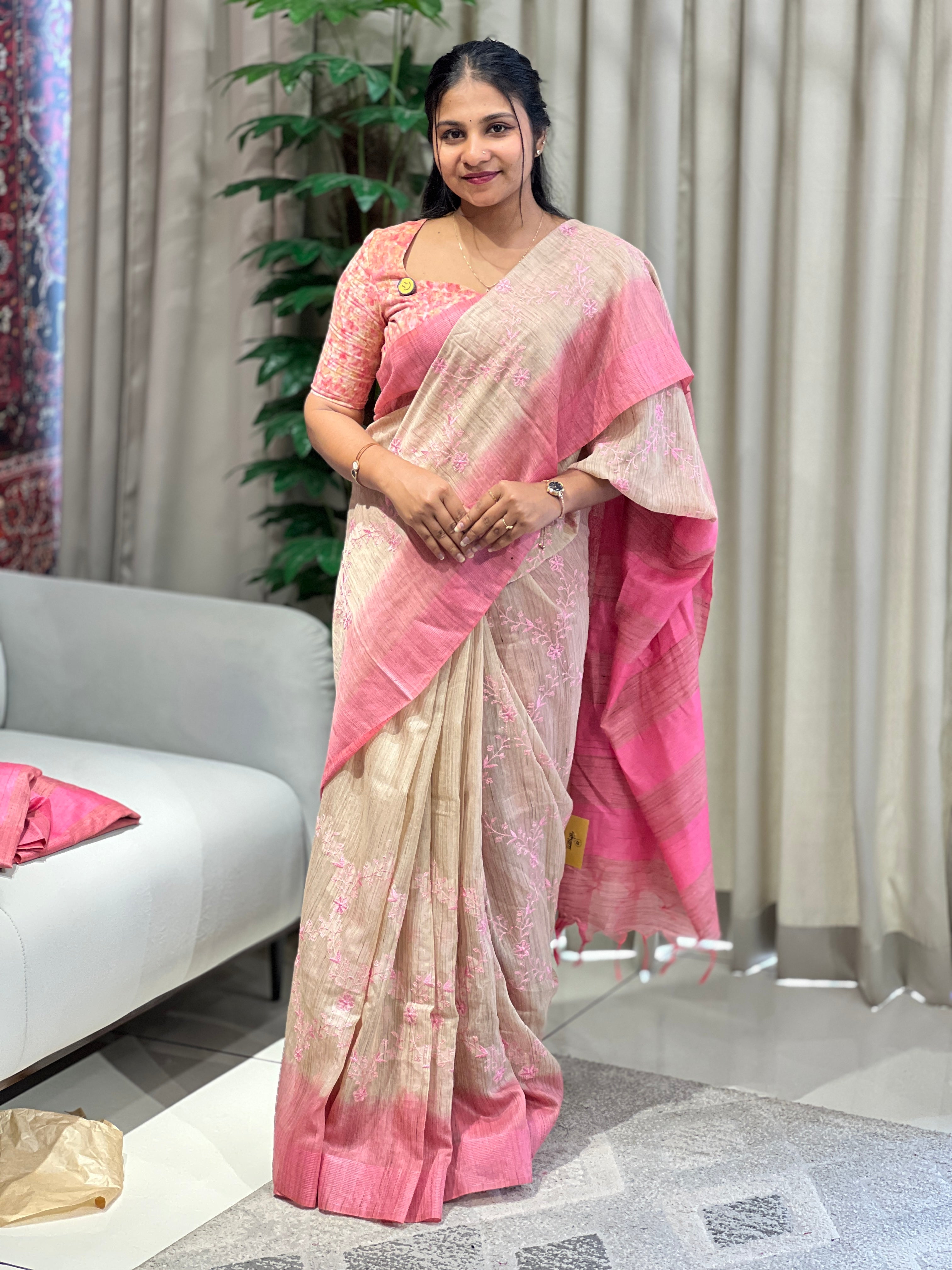 Floral Embroidery Detailed Bhagalpuri Linen Saree | NHH583