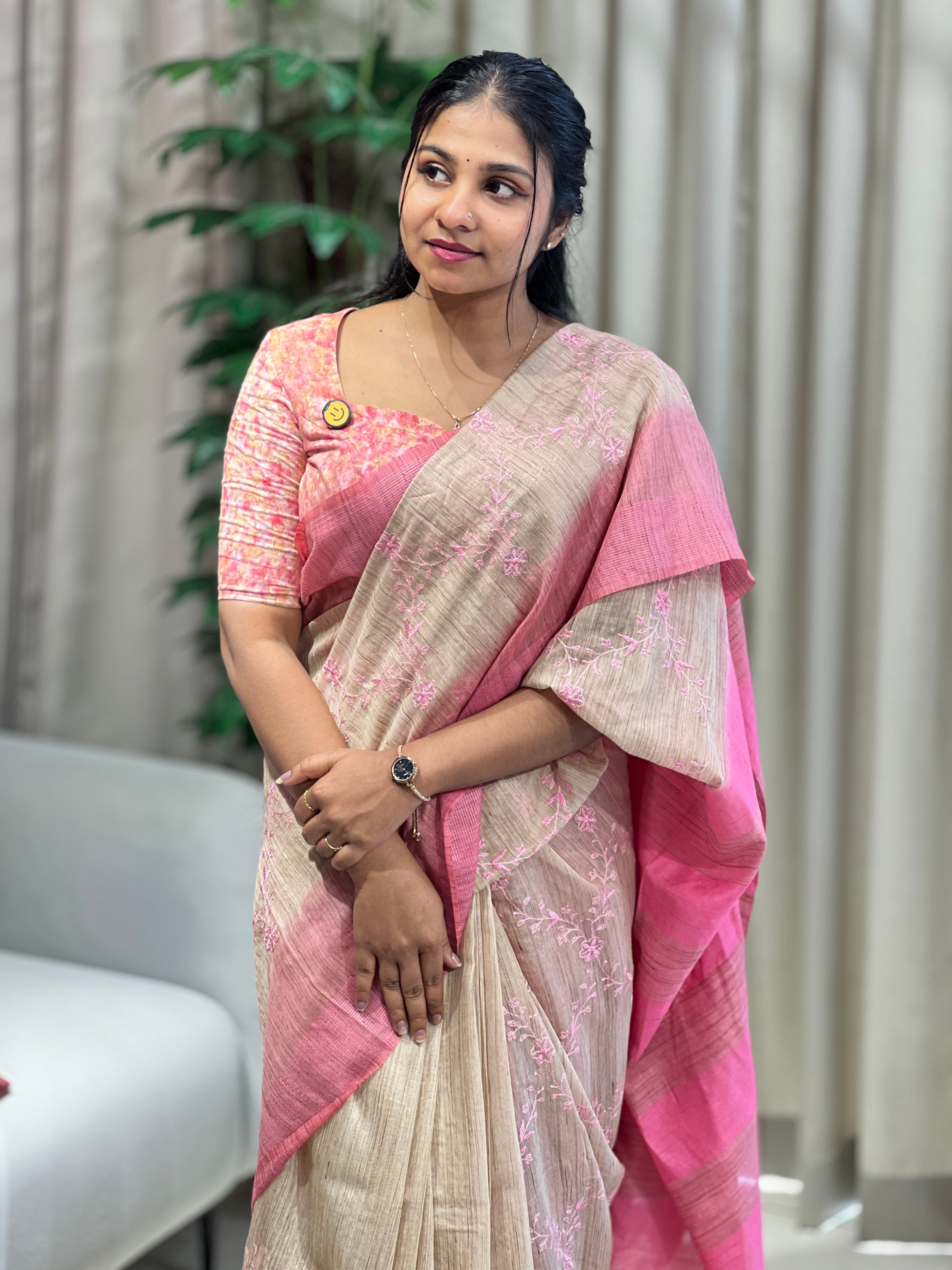 Floral Embroidery Detailed Bhagalpuri Linen Saree | NHH583