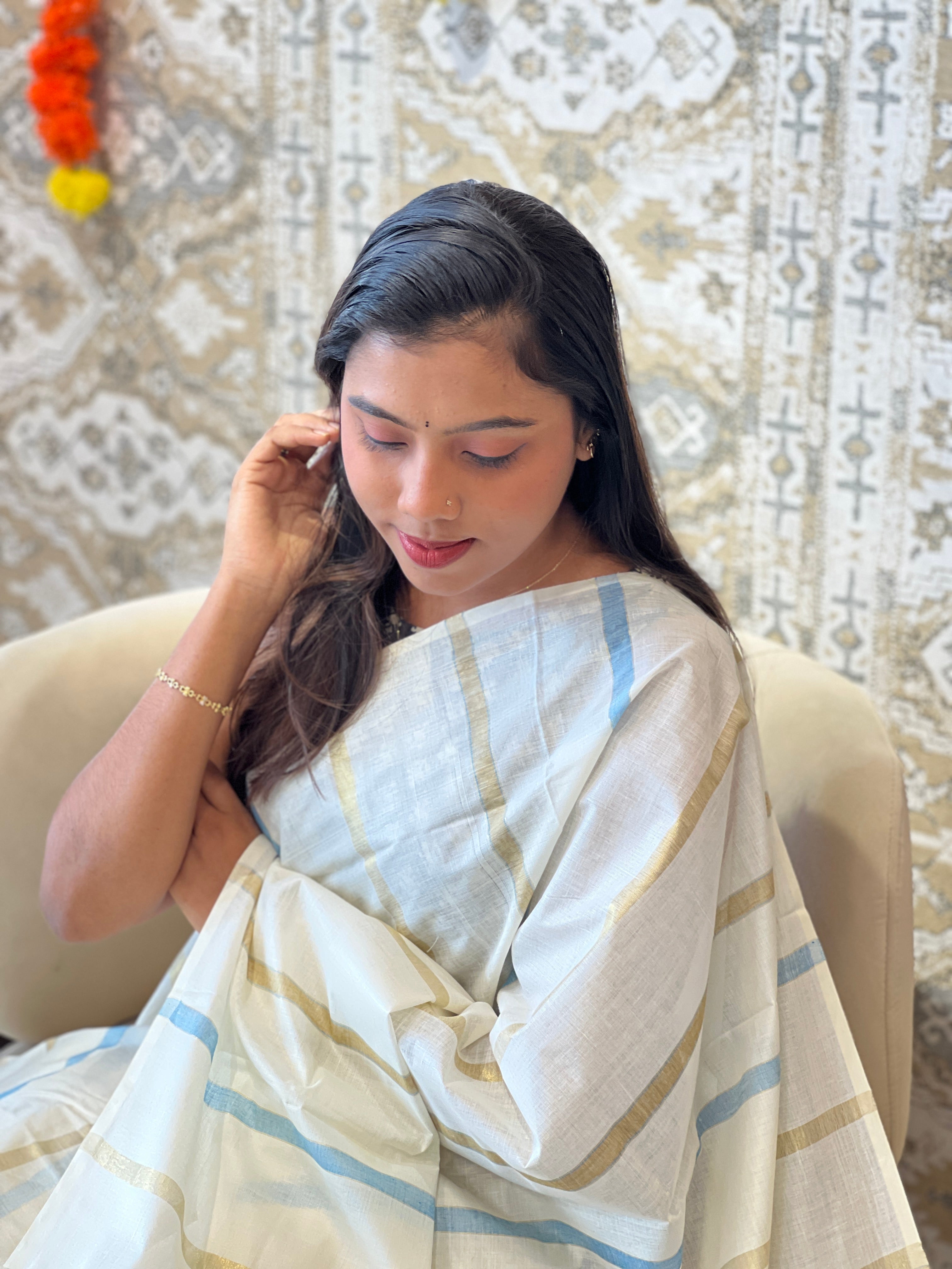 Vertical Line Pattern Kerala Cotton Saree | RLF118