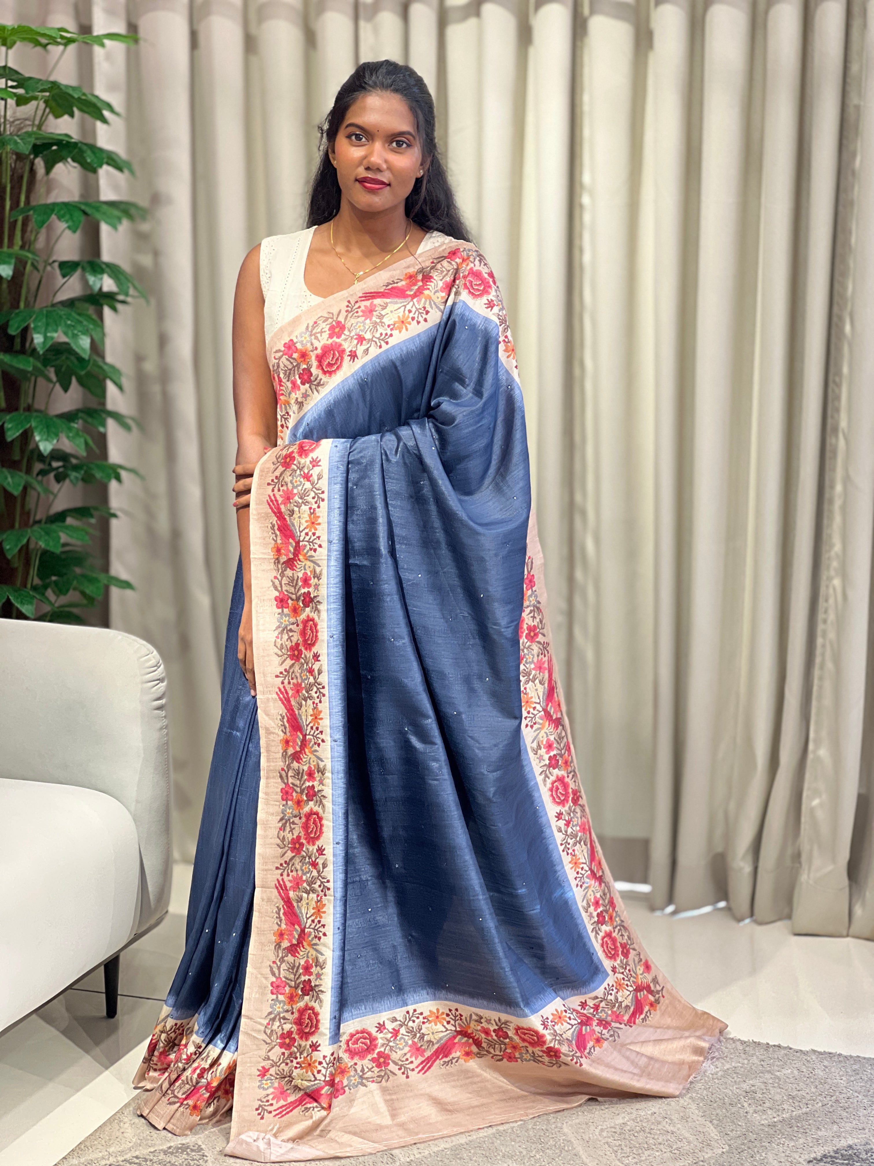 Digital Printed Tussar Finish Saree | SSN377