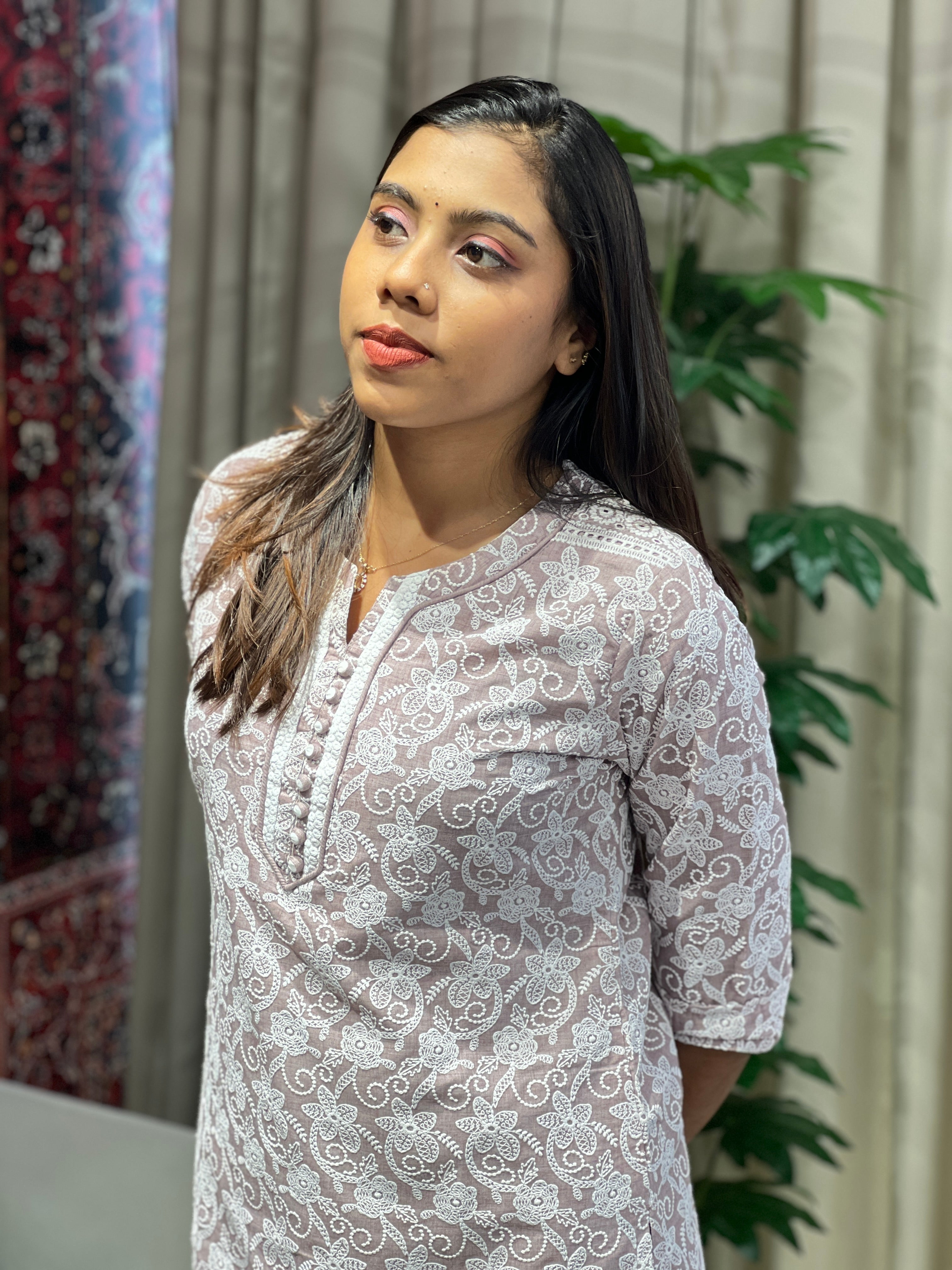 Chikankari Pattern Cotton Short Kurta | AKE105