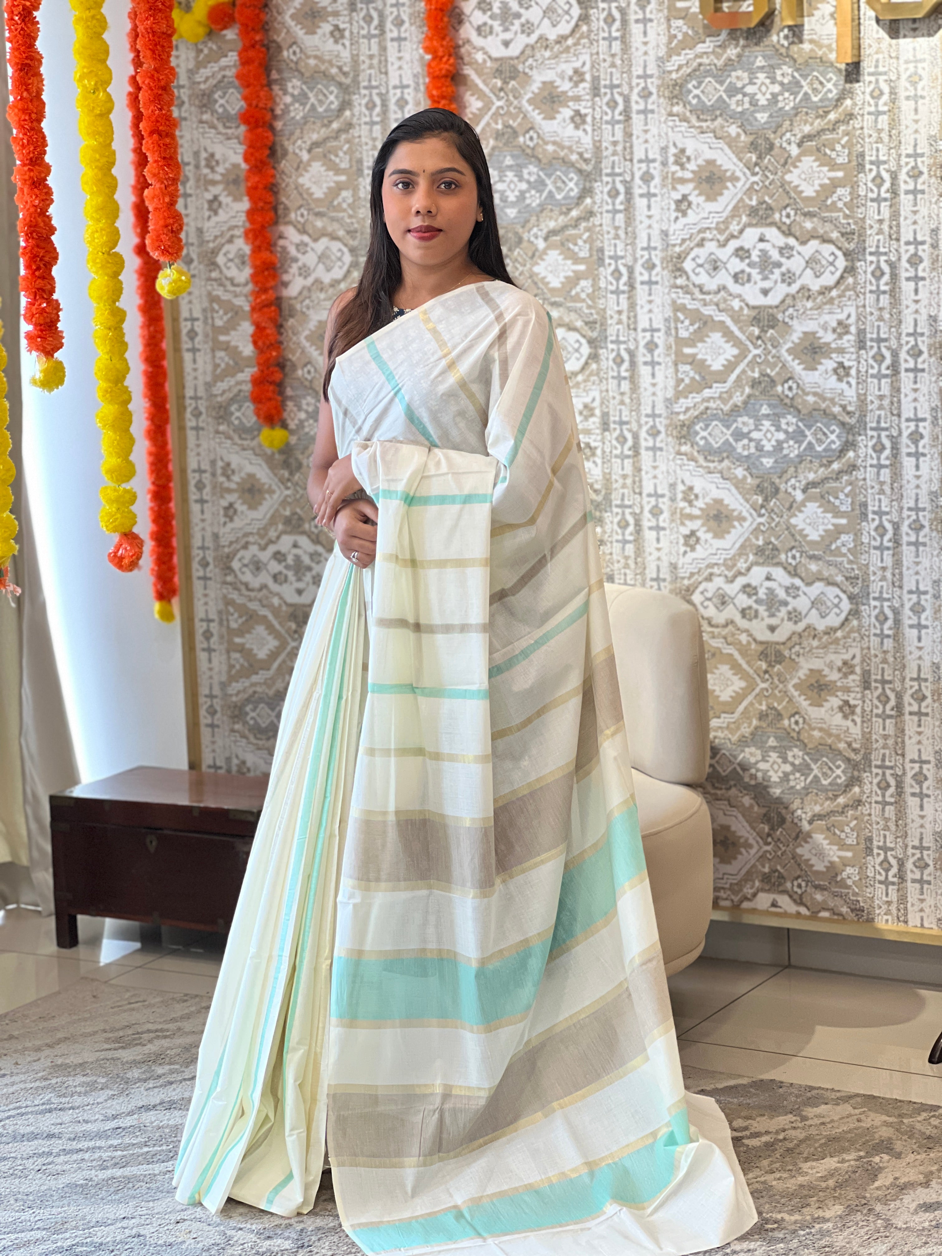 Vertical Line Pattern Kerala Cotton Saree |  RLF115