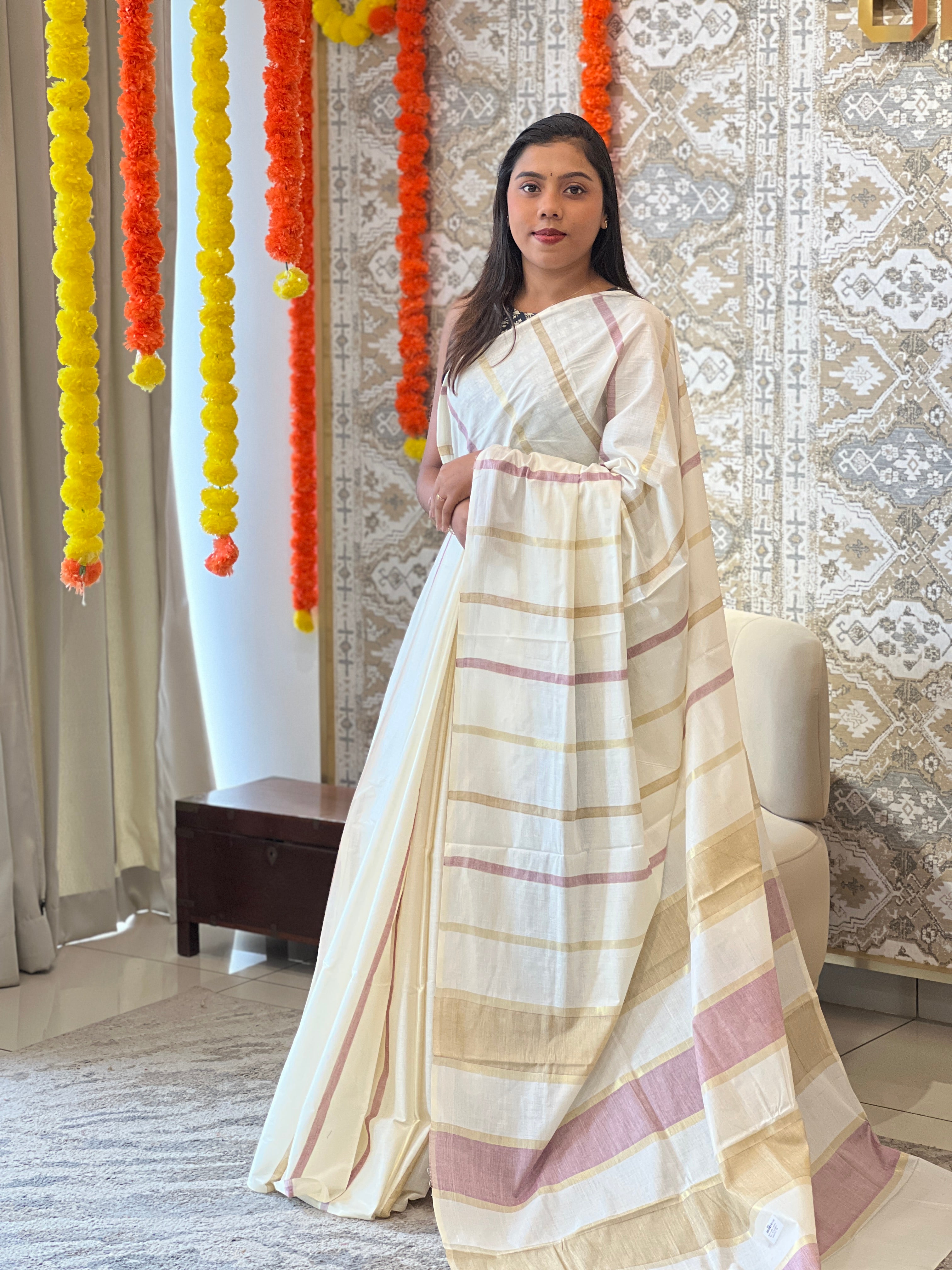 Vertical Line Pattern Kerala Cotton Saree |  RLF123