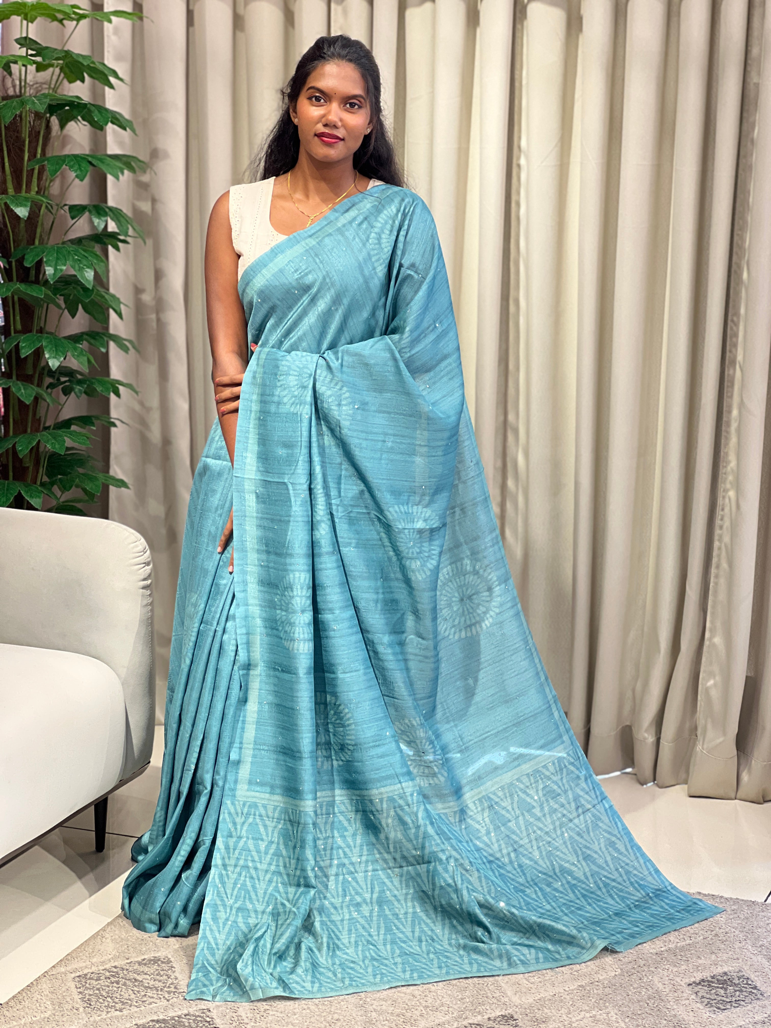 Printed Tussar Finish Saree | SSN373